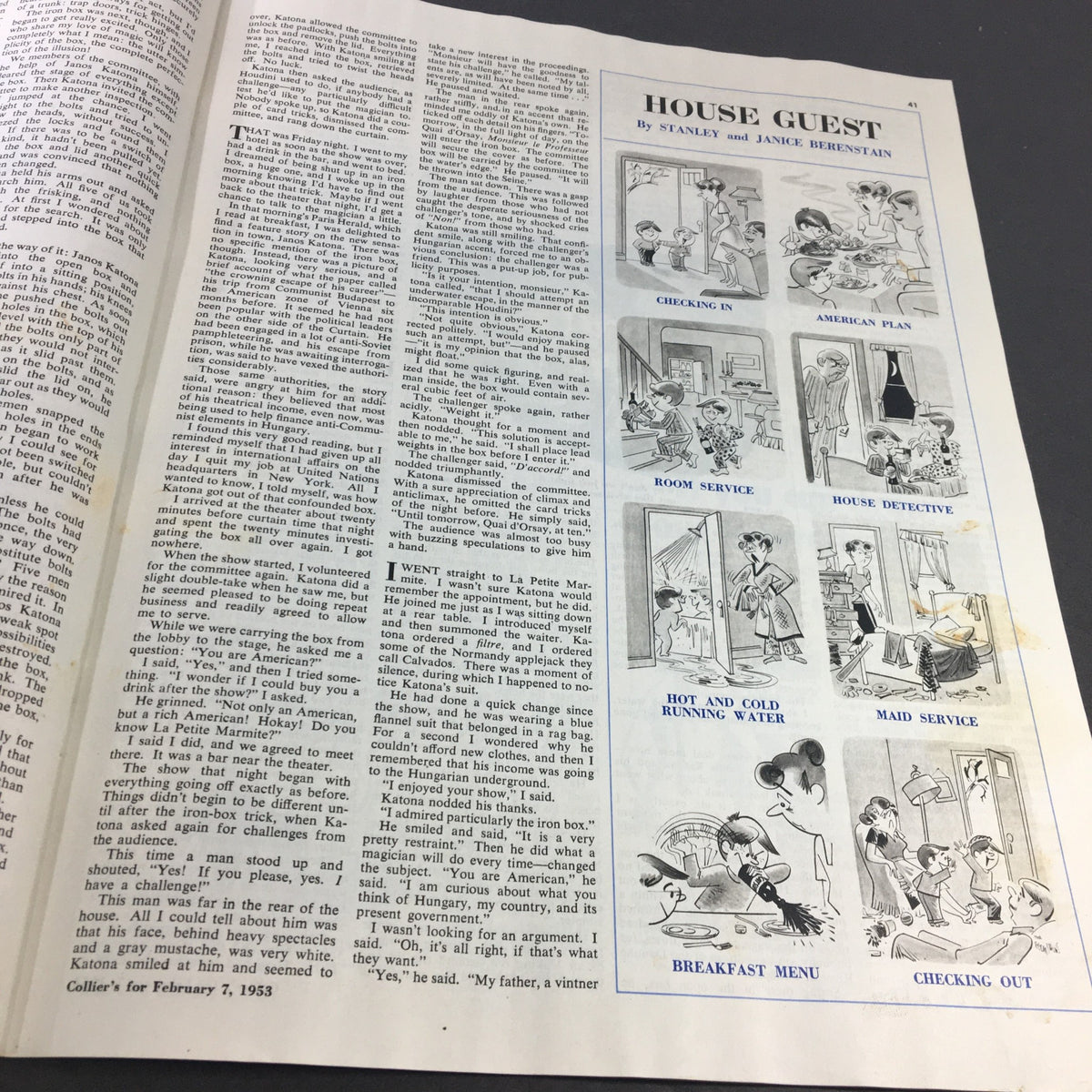 Page from VTG Collier's Magazine February 7 1953 featuring the article 'House Guest' by Stanley and Janice Berenstain, depicting illustrations of hotel services like room service and checking out.