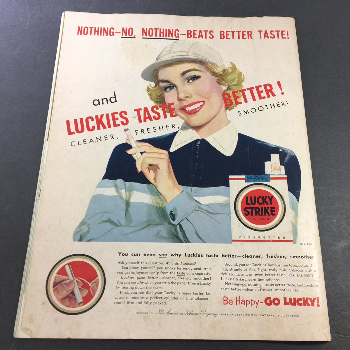 Back cover of VTG Collier's Magazine February 7 1953 showcasing a vintage advertisement for Lucky Strike cigarettes with a smiling woman promoting the brand's attributes.