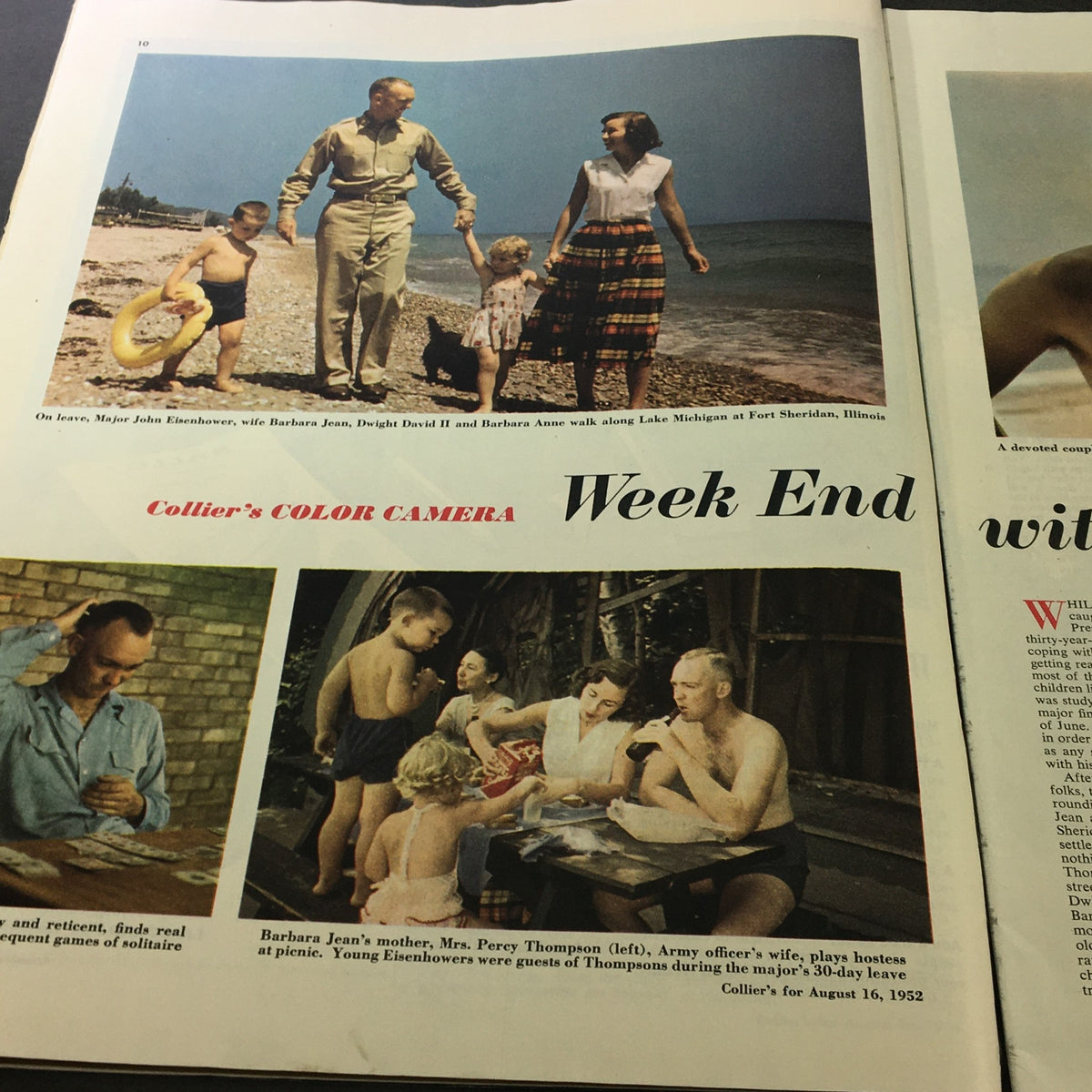 Colorful photographs in VTG Collier's Magazine August 16 1952, depicting Major John Eisenhower and family at Lake Michigan, capturing a nostalgic summer scene.