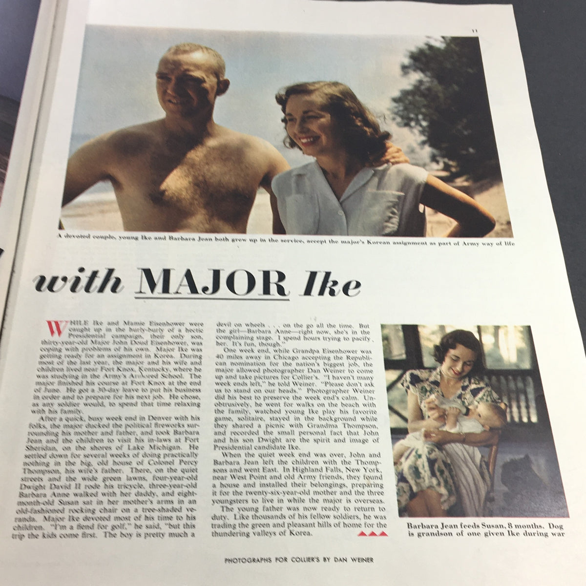 Photographic spread in VTG Collier's Magazine August 16 1952 featuring Major Ike and Barbara Jean Eisenhower, portraying personal moments during military service.
