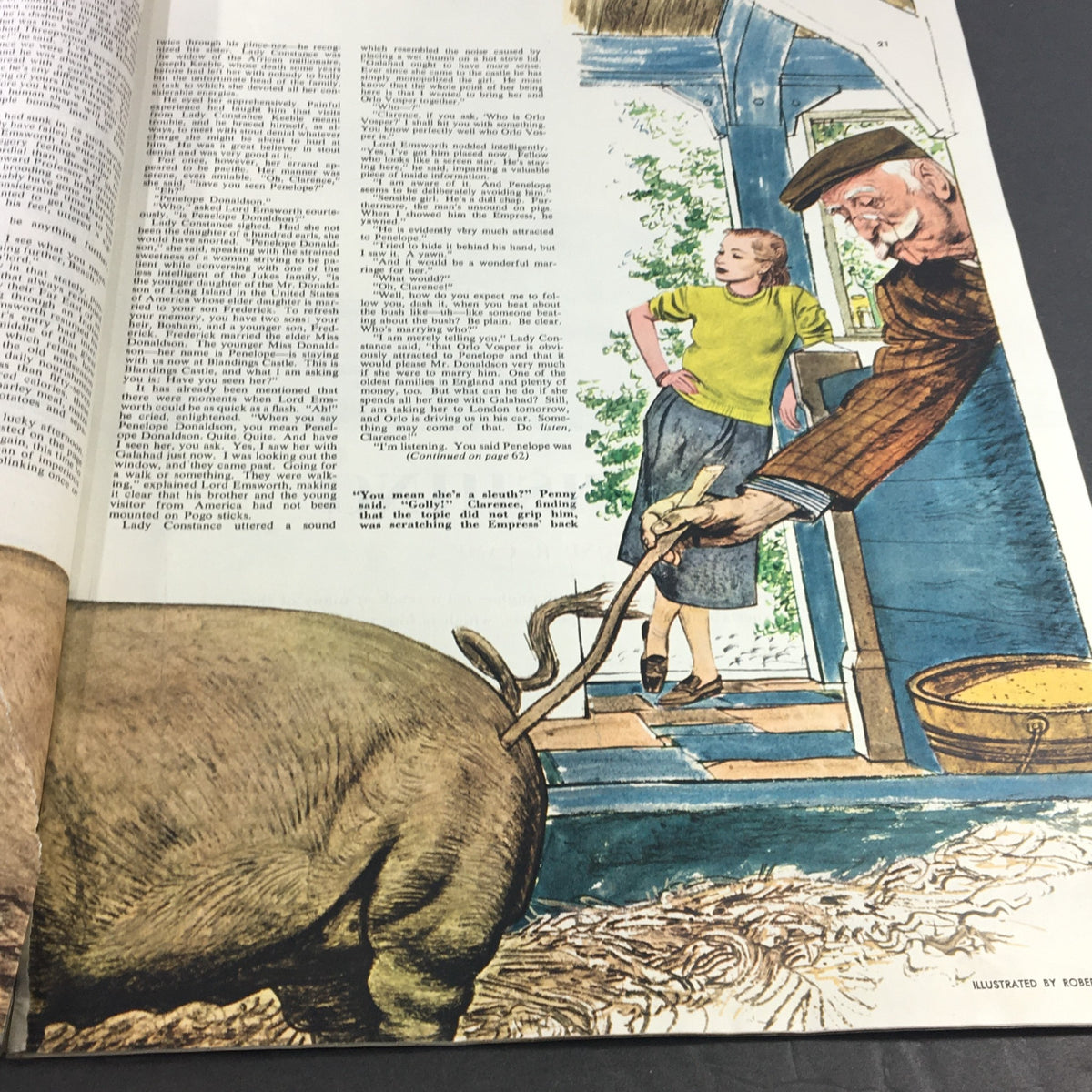 Another illustration from 'Pigs Have Wings' in VTG Collier's Magazine August 16 1952, showing a character engaging with a pig, capturing the whimsical charm of P.G. Wodehouse's narrative.