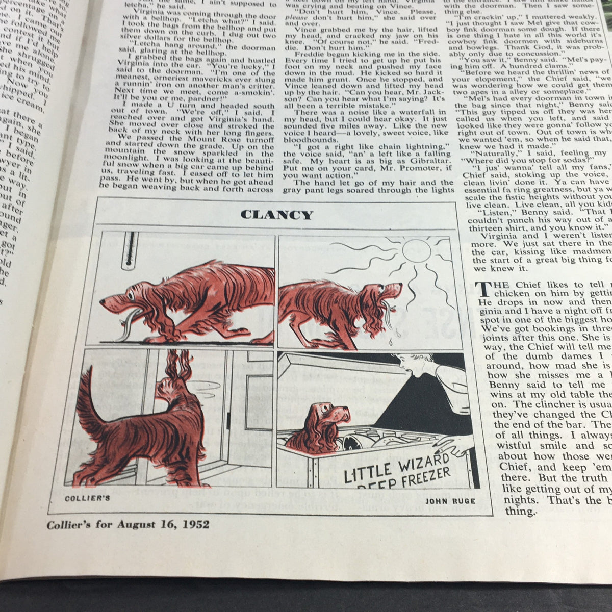 Comic strip titled 'Clancy' from VTG Collier's Magazine August 16 1952, showcasing an illustrated story featuring a dog.