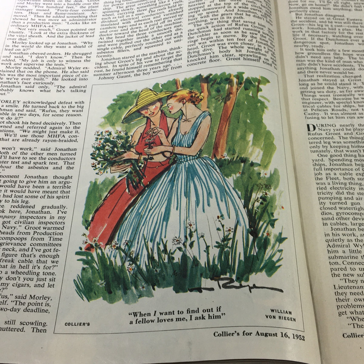 A colorful illustration of two women in a garden from VTG Collier's Magazine August 16 1952, depicting a charming scene with flowers.
