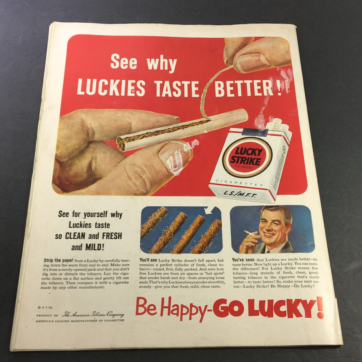 Advertisement from VTG Collier's Magazine August 16 1952 featuring Lucky Strike cigarettes, highlighting their freshness and quality with a visual of a hand holding a cigarette.