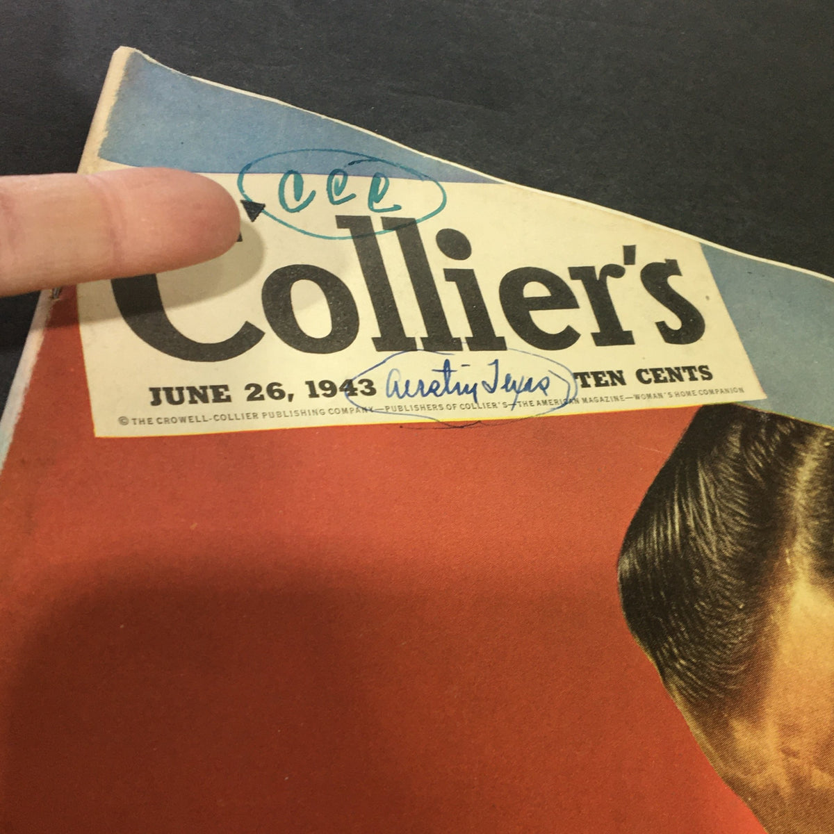 Close-up of the cover of VTG Collier's Magazine June 26, 1943 showcasing publication details and a handwritten note.