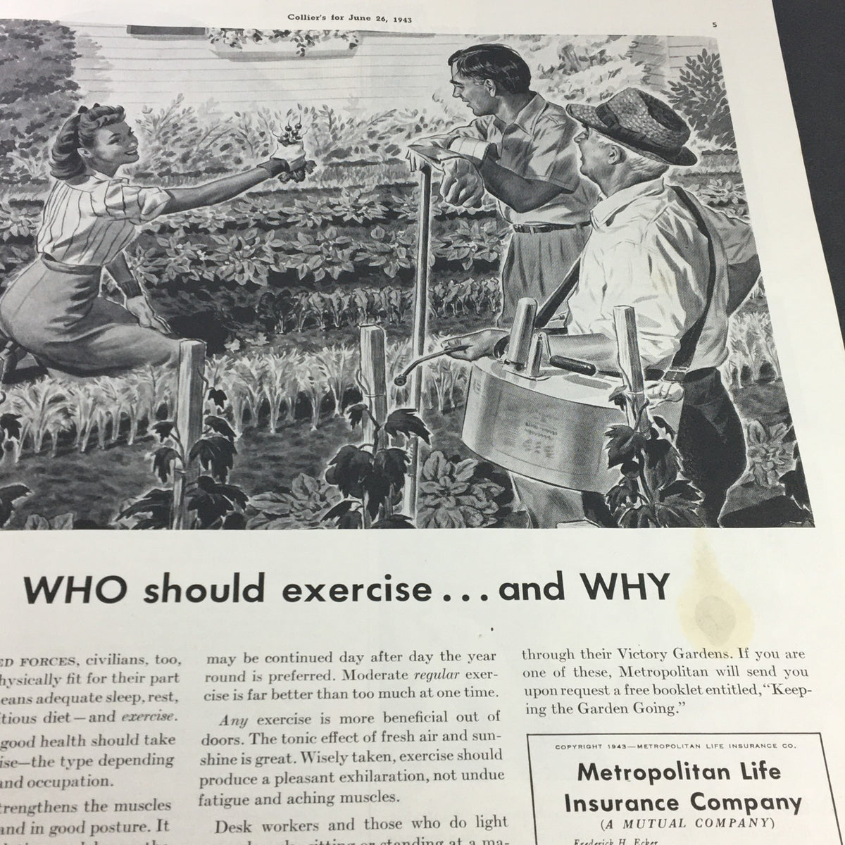 Editorial page of VTG Collier's Magazine June 26, 1943 discussing the importance of exercise with a vintage illustration.
