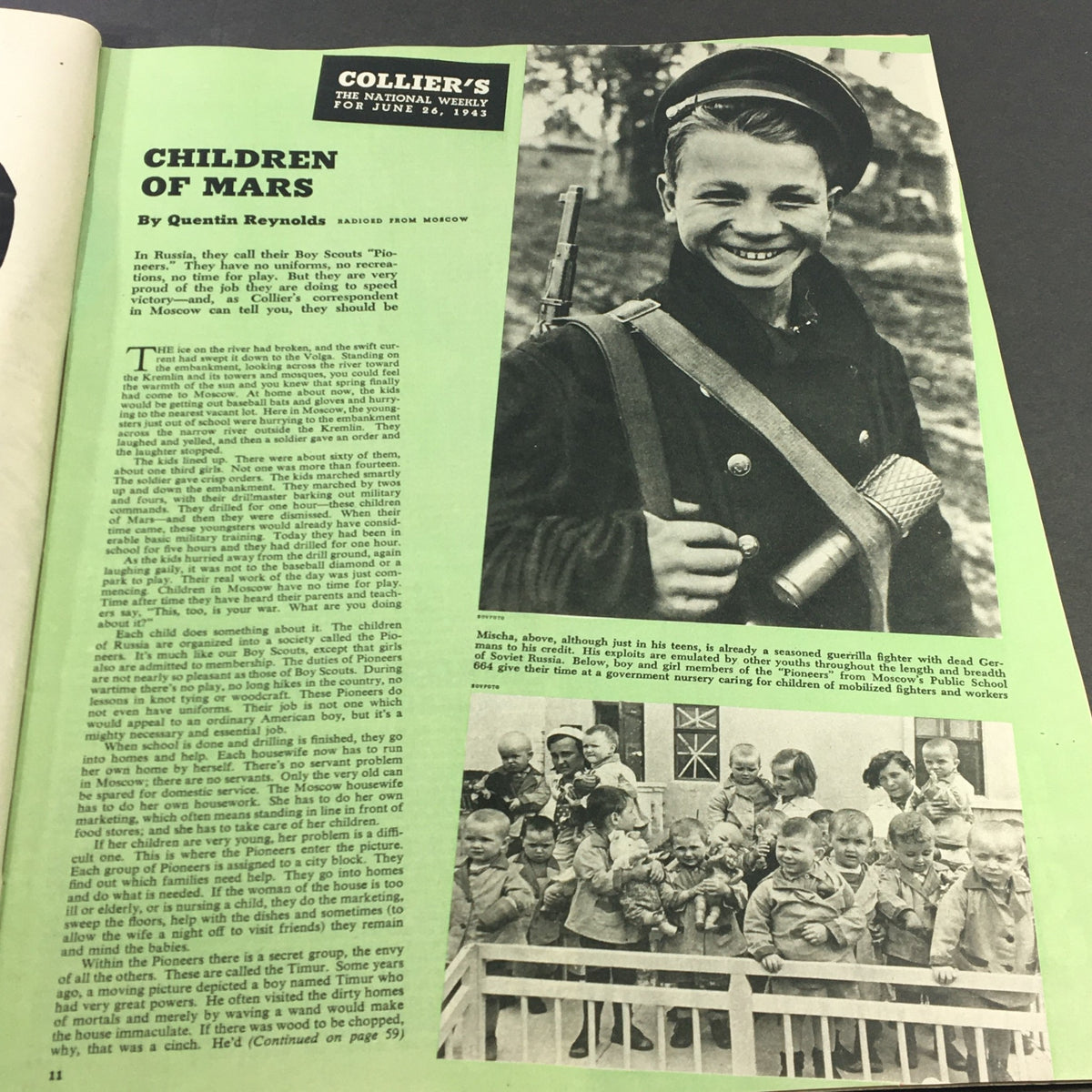 Collier's Magazine June 26, 1943 features an article titled 'Children of Mars' by Quentin Reynolds, showcasing a photograph of a young boy dressed as a guerrilla fighter alongside a group of children in uniform.