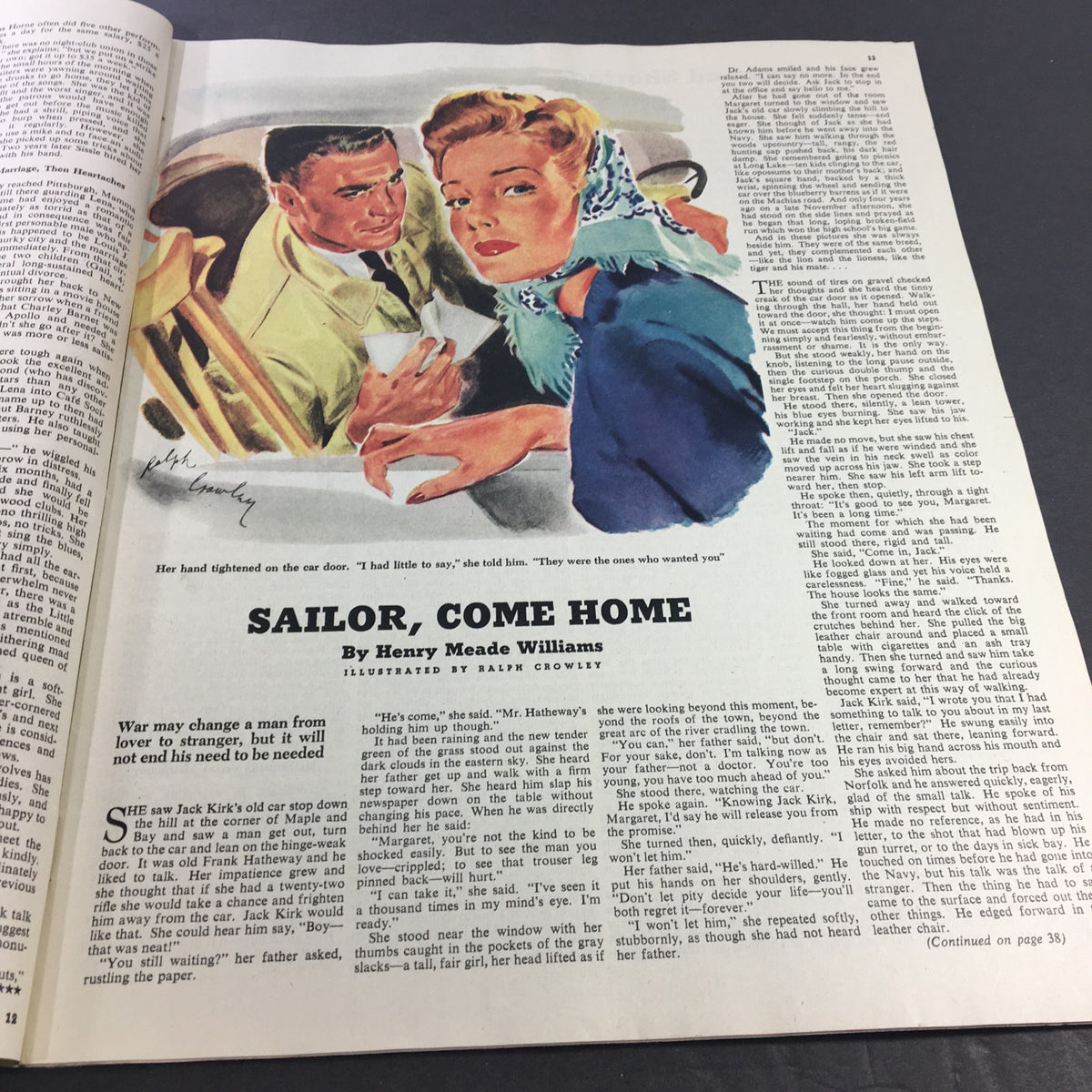Collier's Magazine June 26, 1943 includes a story called 'Sailor, Come Home' illustrated by Ralph Crowley, featuring a tense exchange between a couple as they await the return of a loved one from war.