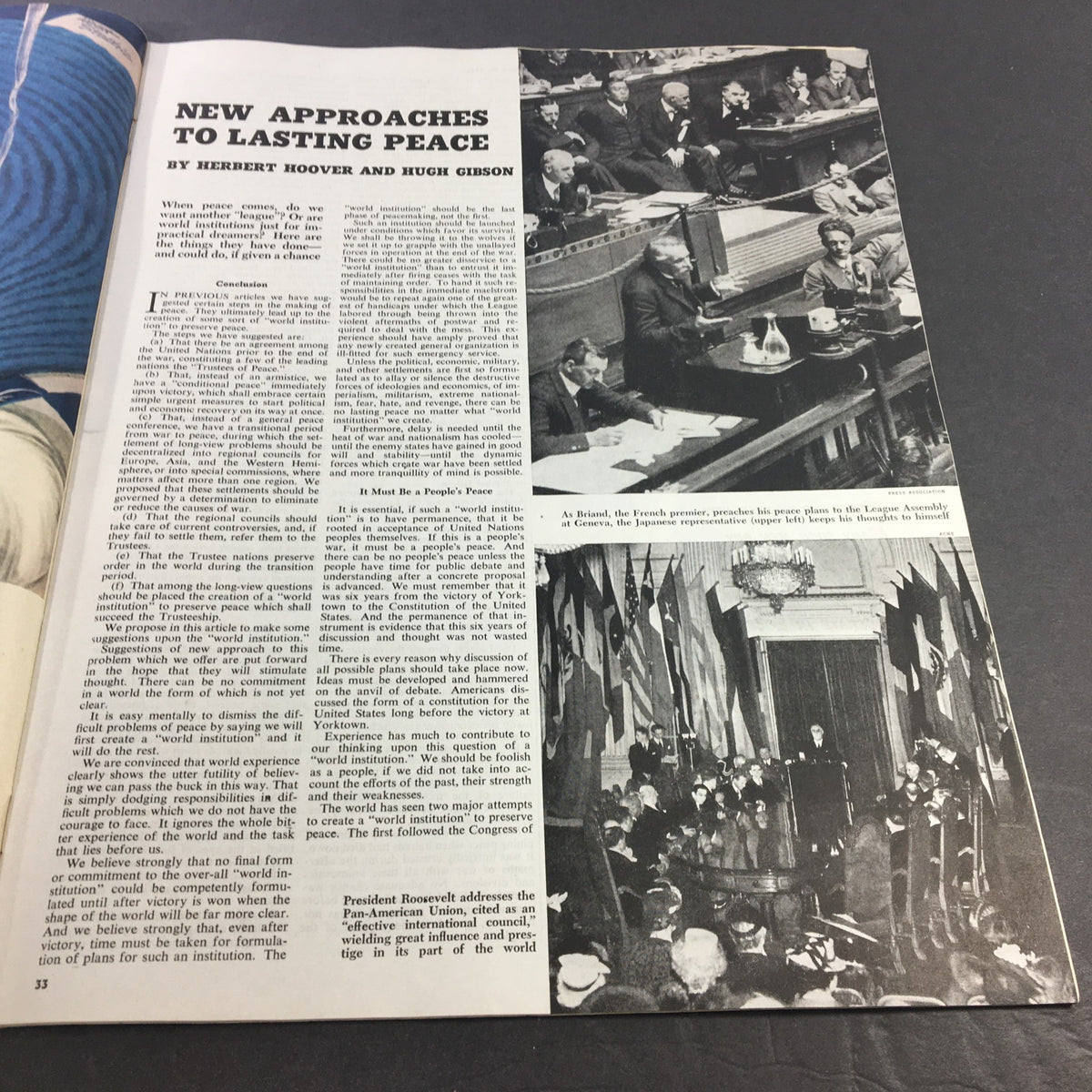 Collier's Magazine June 26, 1943 includes an article 'New Approaches to Lasting Peace' by Herbert Hoover, accompanied by black-and-white images from a political assembly.