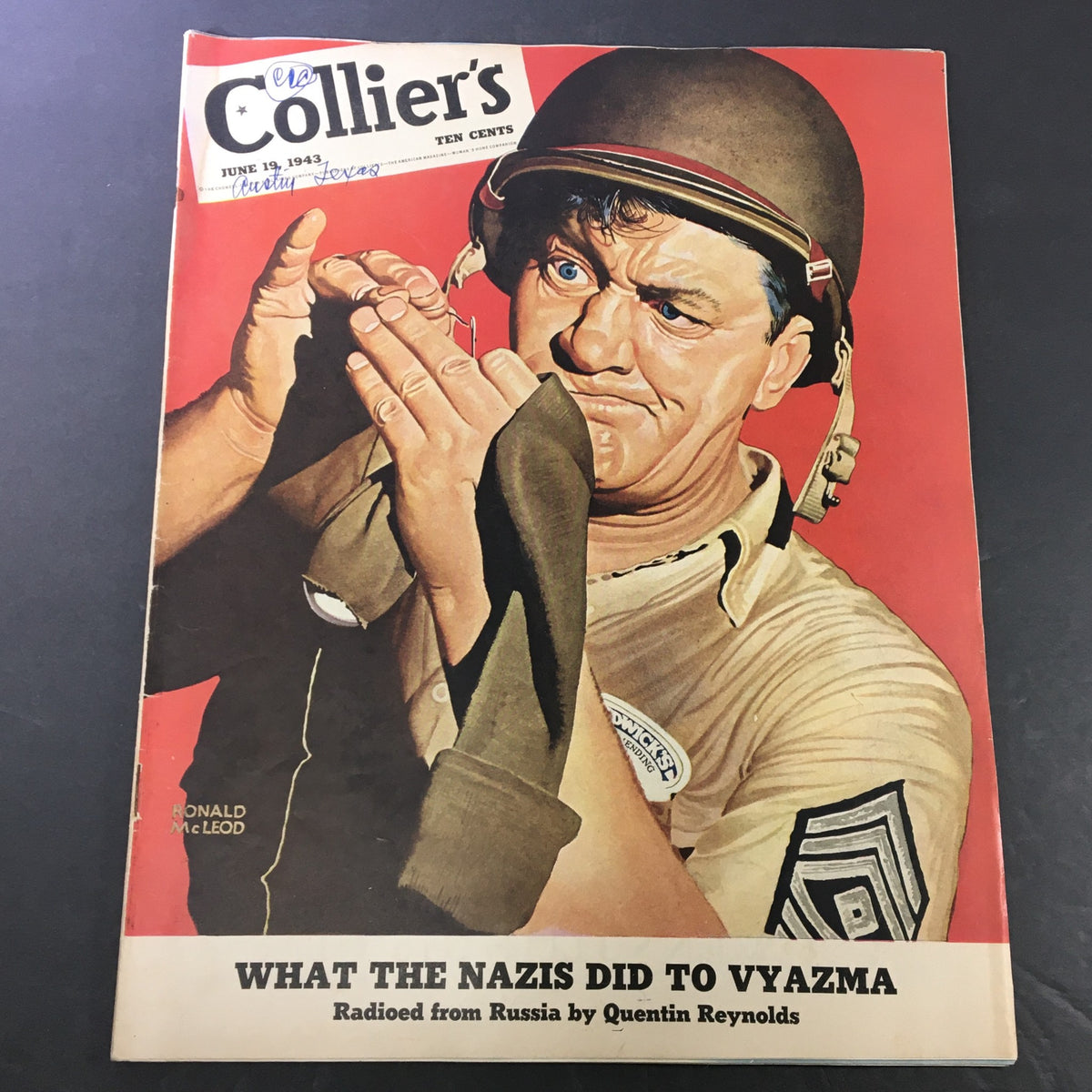Cover of VTG Collier's Magazine June 19 1943 featuring artwork by Ronald McLeod, showcasing a soldier in a helmet, with the headline 'WHAT THE NAZIS DID TO VYAZMA' by Quentin Reynolds.