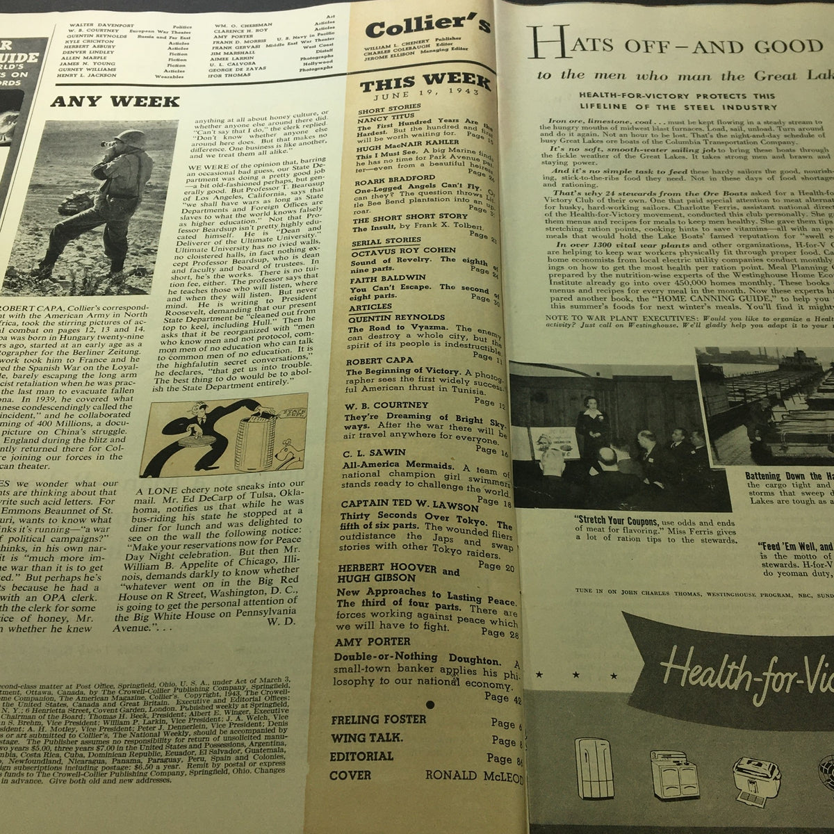 Inside pages of VTG Collier's Magazine June 19 1943 displaying articles and features including one by Quentin Reynolds, alongside a detailed layout reflective of the period.
