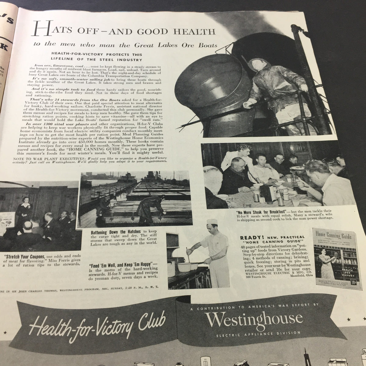 Vintage Collier's Magazine June 19, 1943 advertisement featuring health and safety tips for workers of the Great Lakes Ore Boats, highlighting the importance of health during wartime.