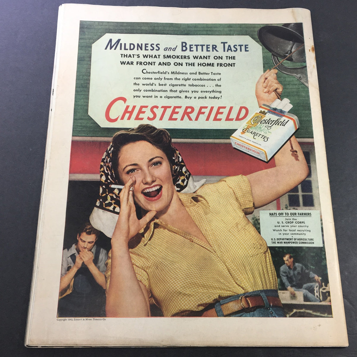 Vintage Chesterfield cigarette advertisement from VTG Collier's Magazine June 19 1943, featuring a smiling woman promoting the brand with a focus on mildness and better taste.