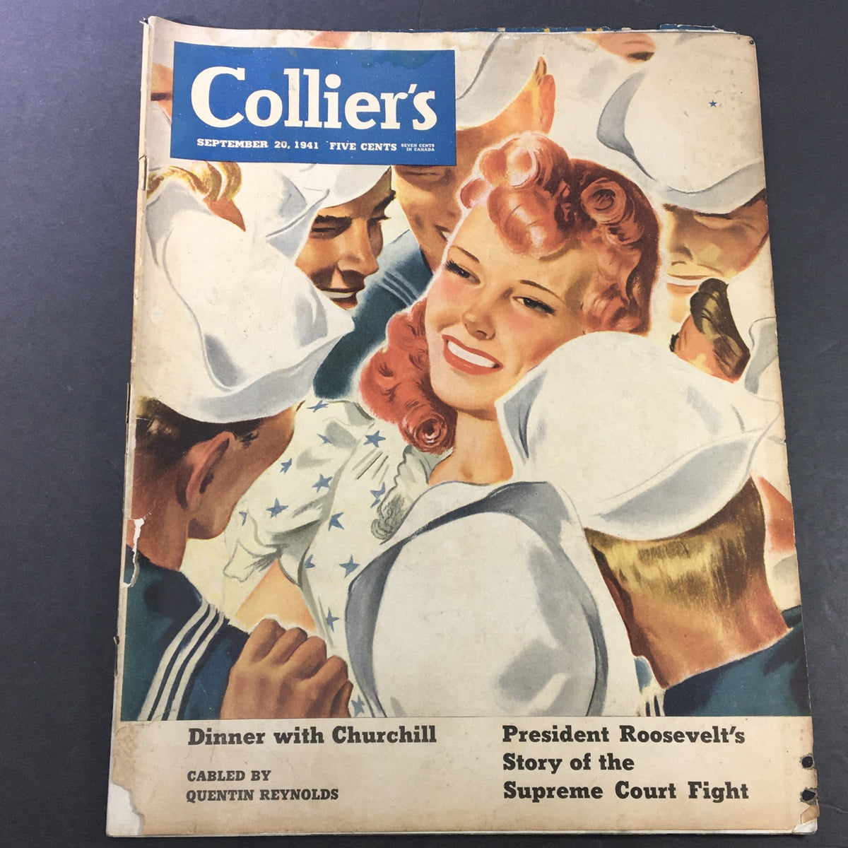 VTG Collier's Magazine September 20 1941 cover featuring a smiling woman surrounded by sailors, highlighting 'Dinner with Churchill' and President Roosevelt's story of the Supreme Court fight.