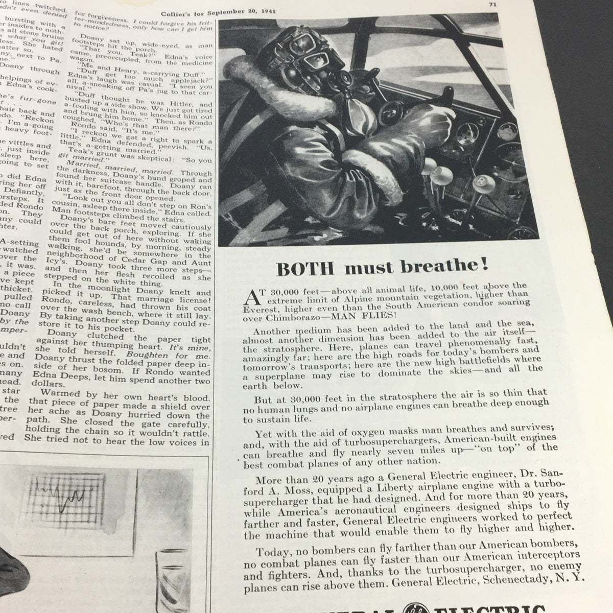 Illustration of a pilot in flight gear emphasizing the importance of oxygen masks in the VTG Collier's Magazine September 20 1941.