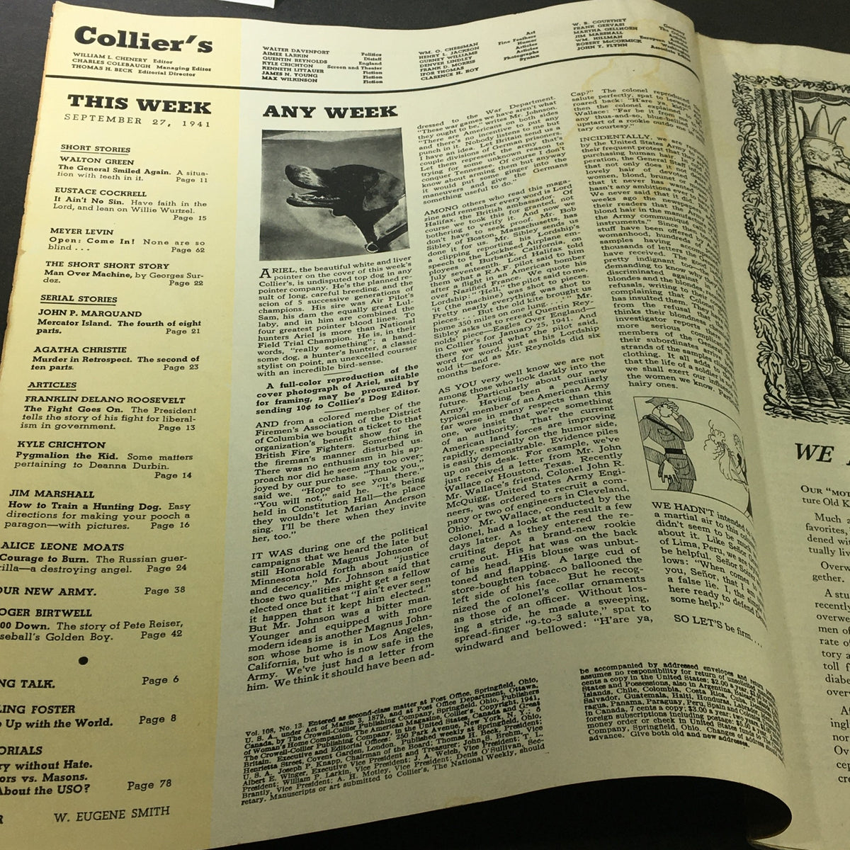 Inside page of VTG Collier's Magazine September 7 1941 displaying an article index and features, showcasing the content structure of this vintage publication.