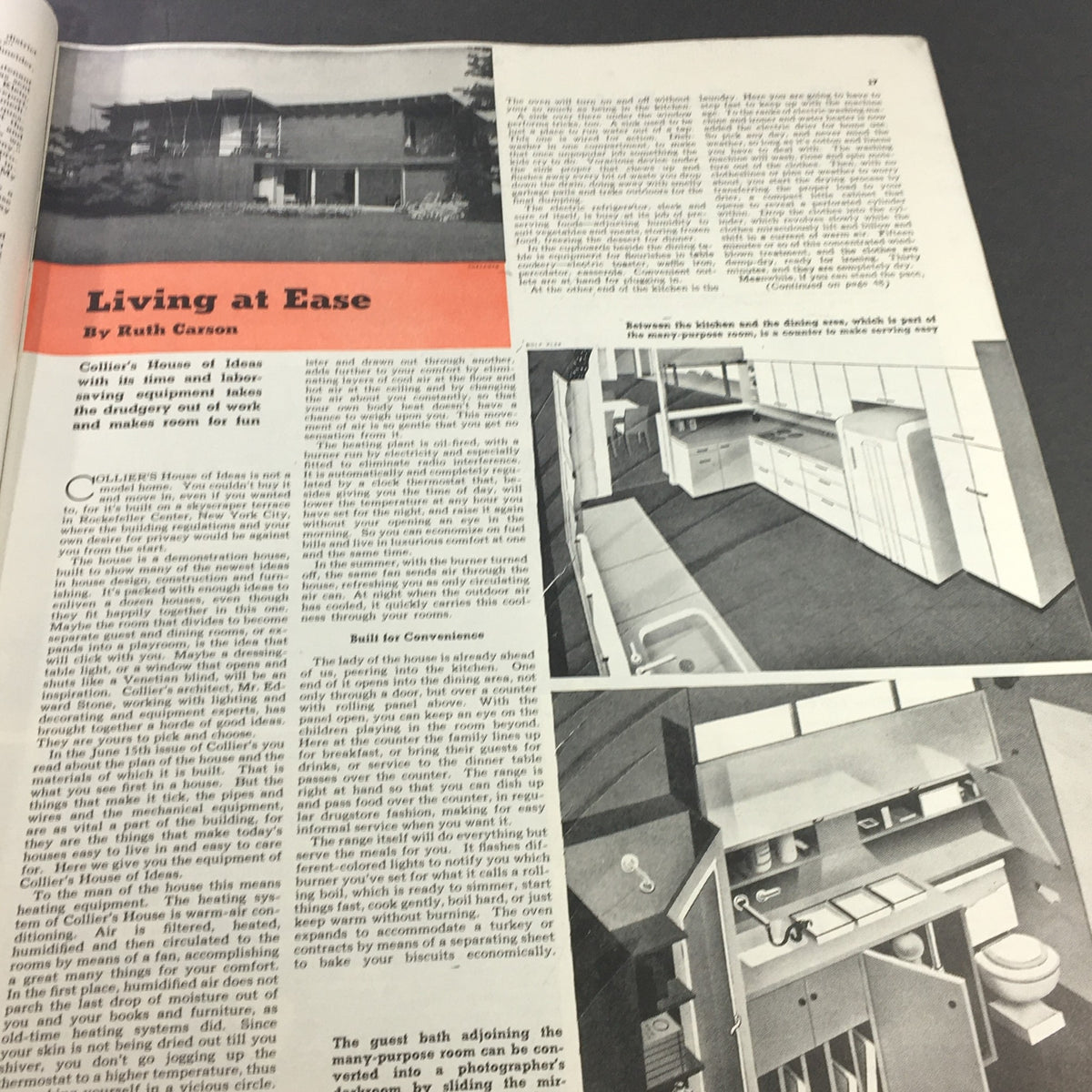 Article page from VTG Collier's Magazine July 20, 1940, discussing home design and efficiency titled 'Living at Ease' by Ruth Carson.