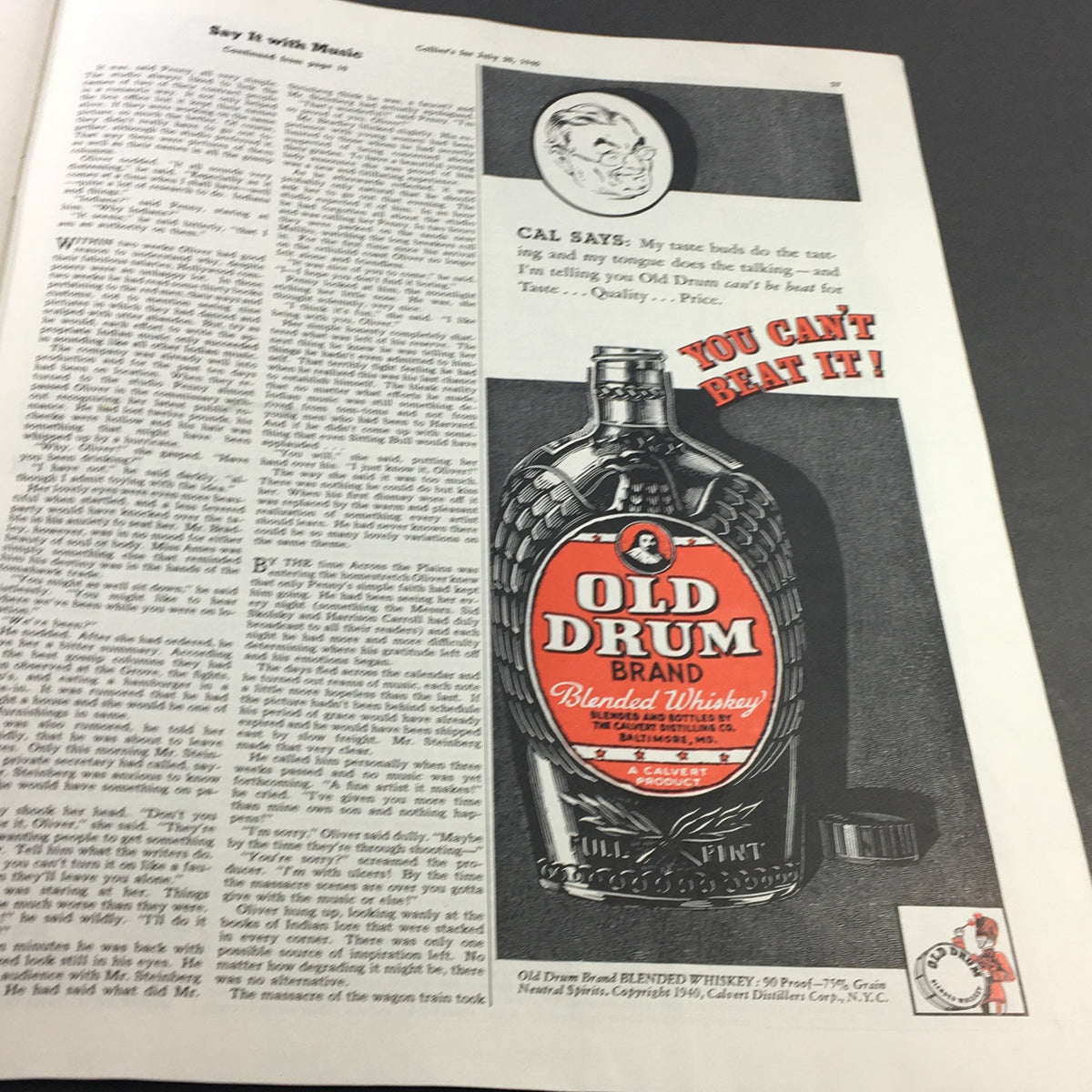 Vintage advertisement from Collier's Magazine dated July 20, 1940, featuring an article titled 'Say it with Music' by Richard English. The page showcases Old Drum brand blended whiskey with a detailed description and an illustration of the whiskey bottle.