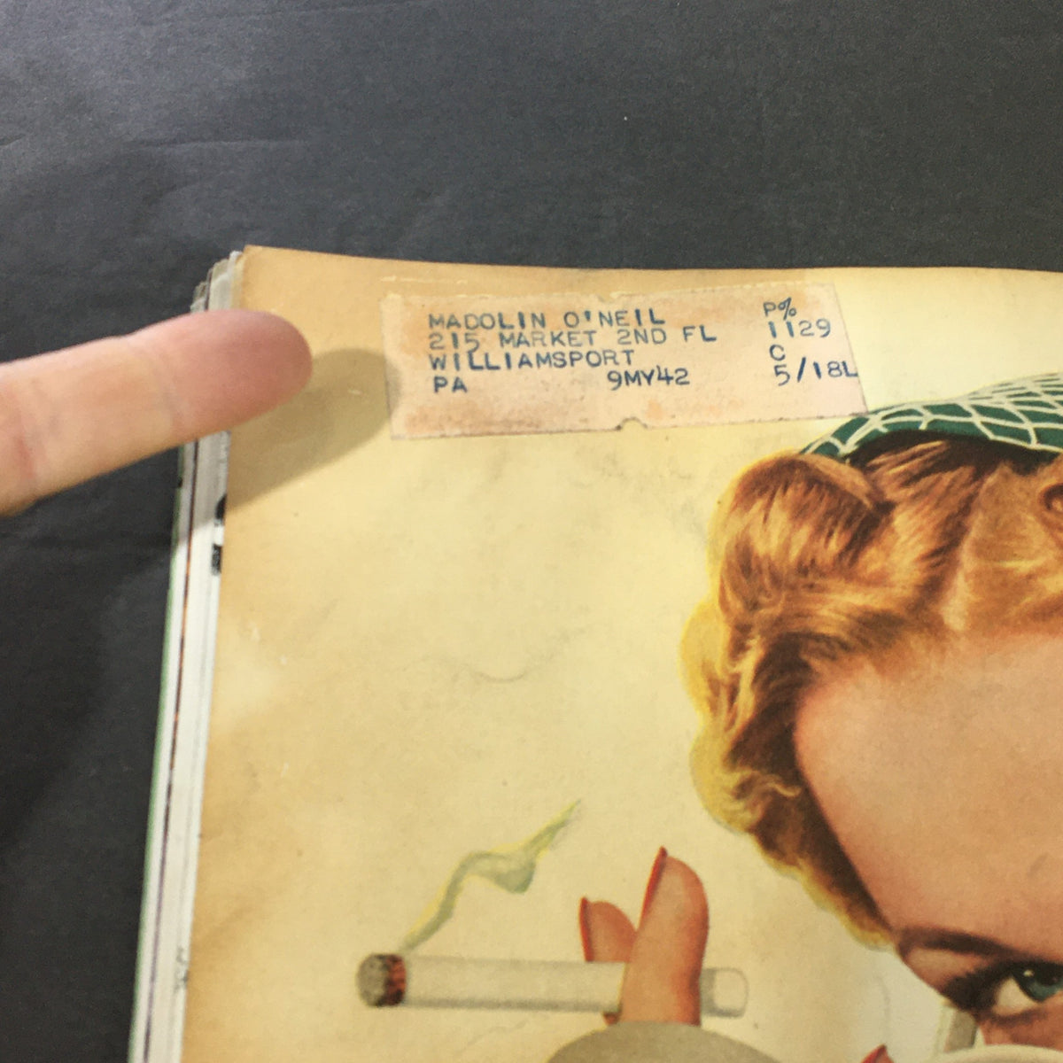 Close-up image of a address label from the vintage Collier's Magazine dated July 20, 1940. The label displays 'Madolin O'Neil, 215 Market 2nd Fl, Williamsport, PA,' adding a personal touch and authenticity to the magazine.