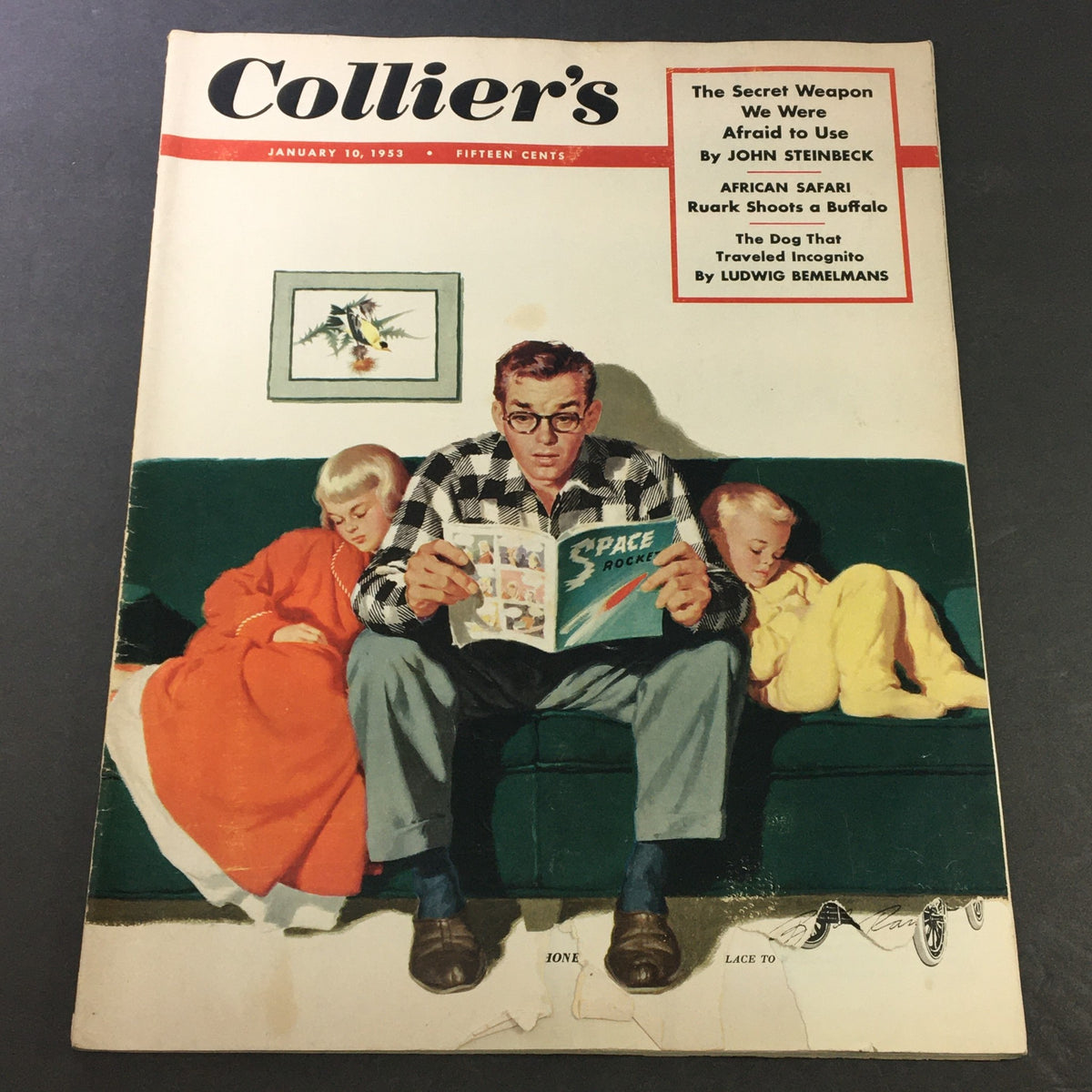 Cover of VTG Collier's Magazine January 10 1953 featuring a family scene, highlighting the title "The Secret Weapon We Were Afraid To Use" by John Steinbeck.