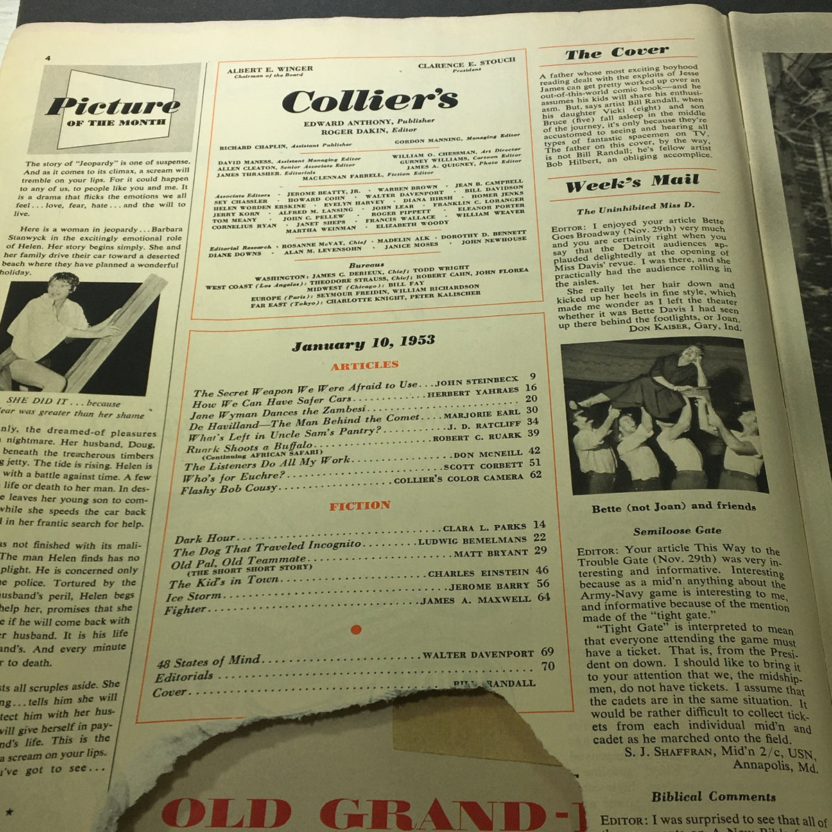 Collier's Magazine January 10 1953 page showing the contents and articles including 'The Secret Weapon We’re Afraid to Use' and editorial sections.