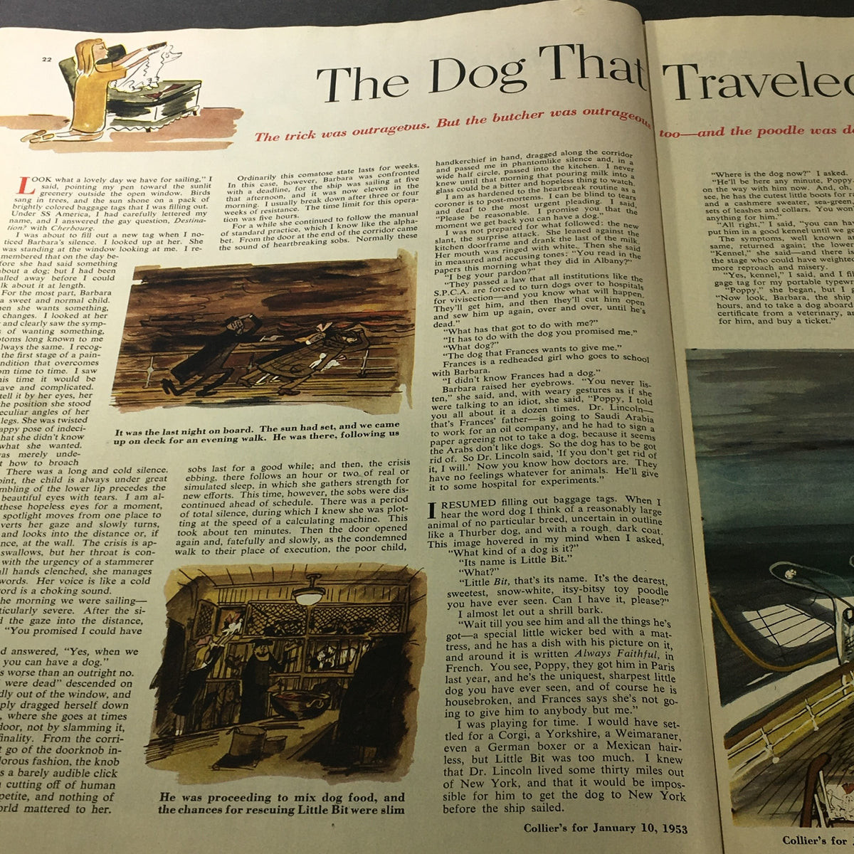 Illustration from VTG Collier's Magazine January 10 1953 titled 'The Dog That Traveled', showcasing a whimsical scene of a dog and its adventures.
