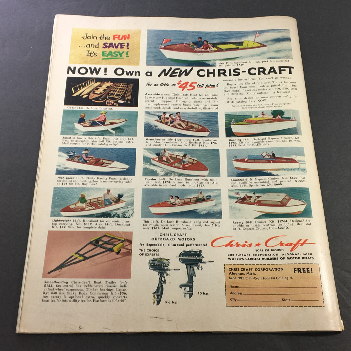 Advert for Chris-Craft boats from VTG Collier's Magazine January 10 1953, showcasing various boat models and their features.