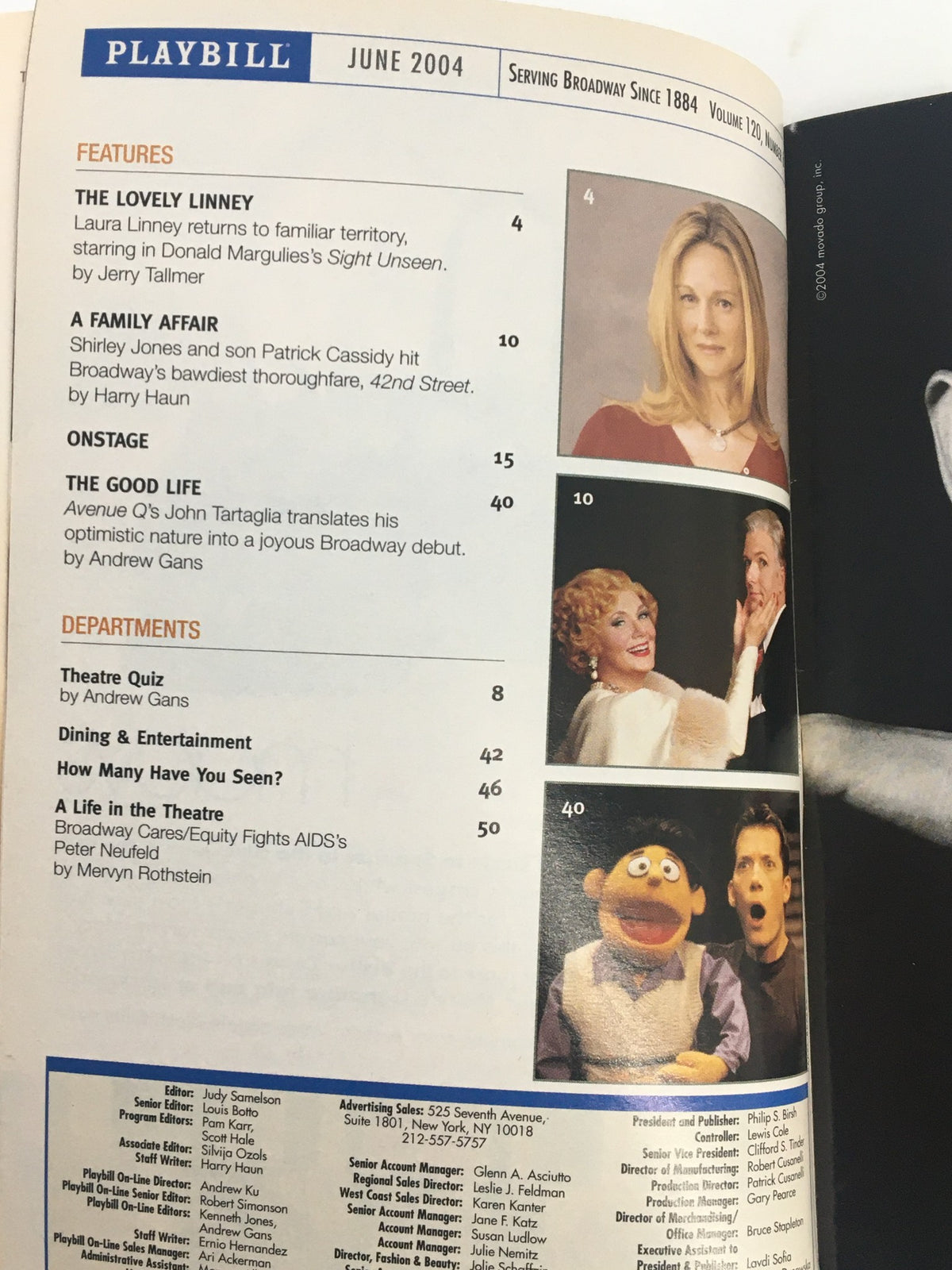 Inside cover page of the 2004 Playbill for The Promenade Theatre featuring the introduction of the Playbill and details about featured productions including 'The Lovely Linney' and 'A Family Affair.'