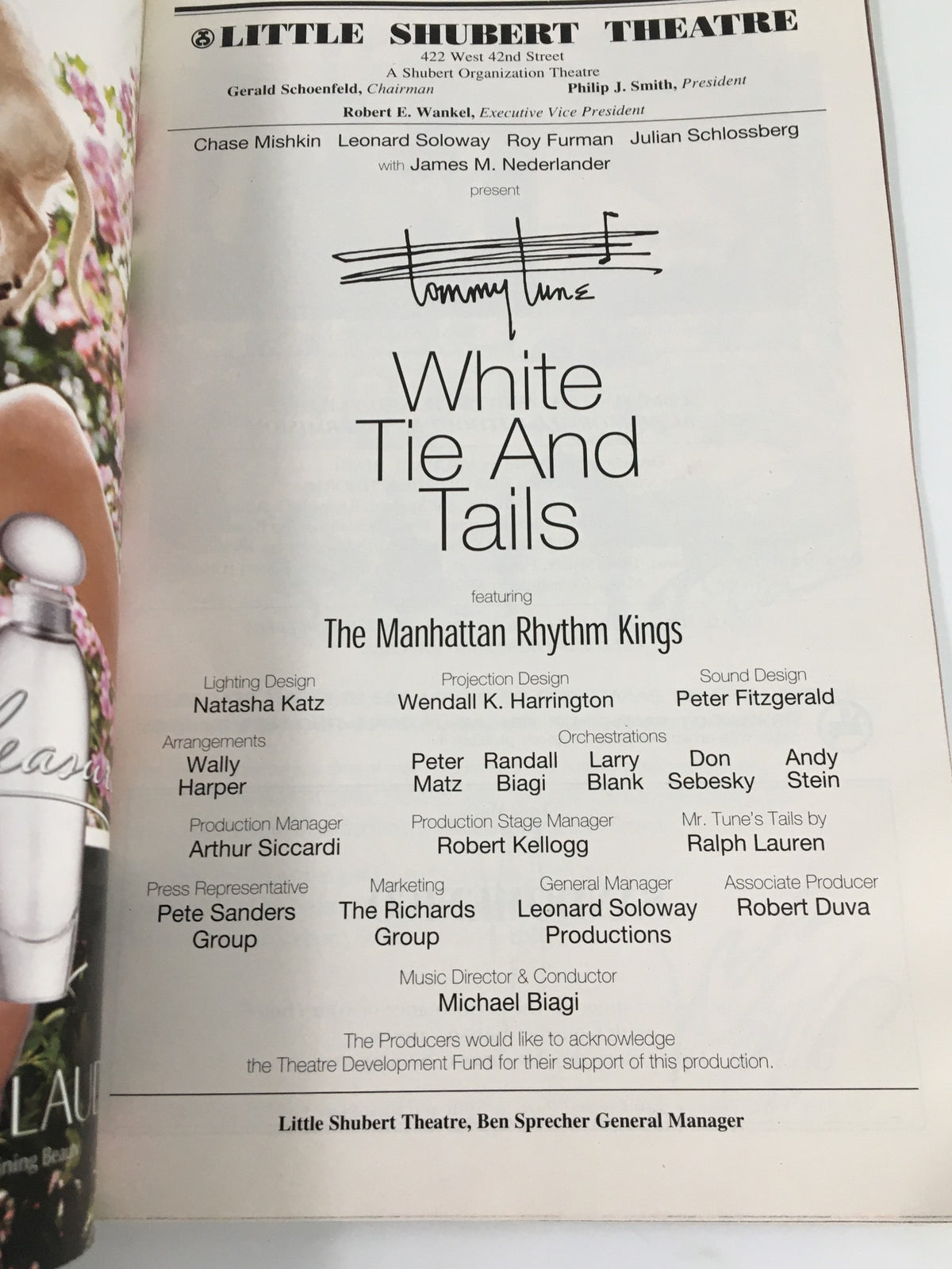 Production credits page from the 2002 Playbill at Little Shubert Theatre, detailing contributions for Tommy Tune in White Tie and Tails.