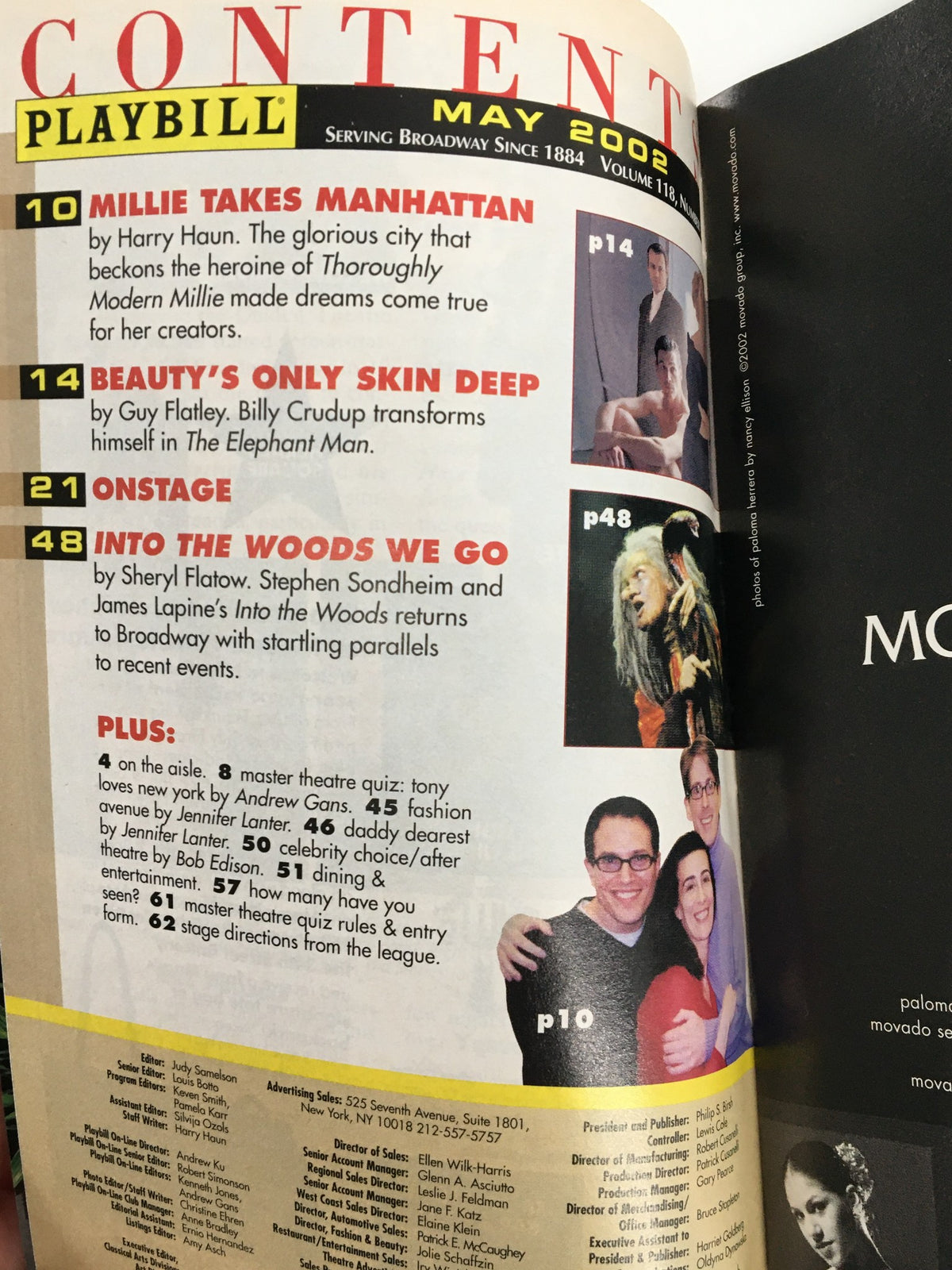 Inside page of the 2002 Playbill for Fortune's Fool containing the contents for May 2002.