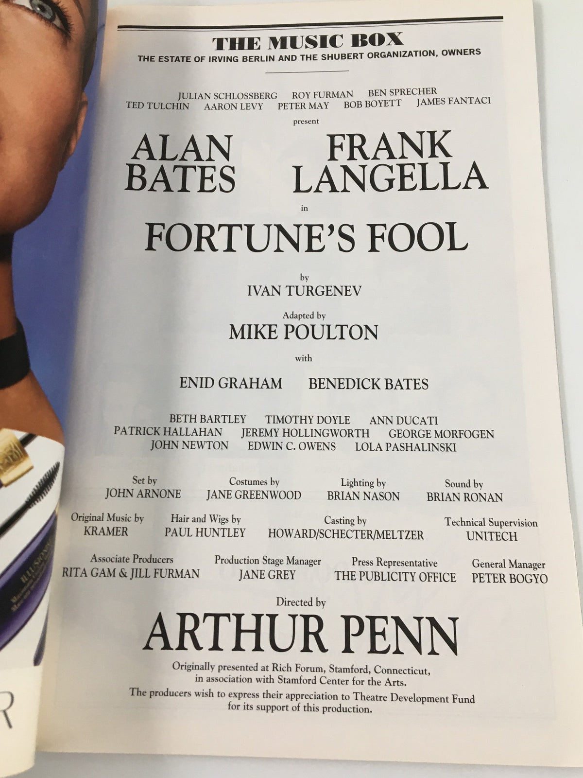 Credits page of the 2002 Playbill for Fortune's Fool featuring cast and crew details for the production.