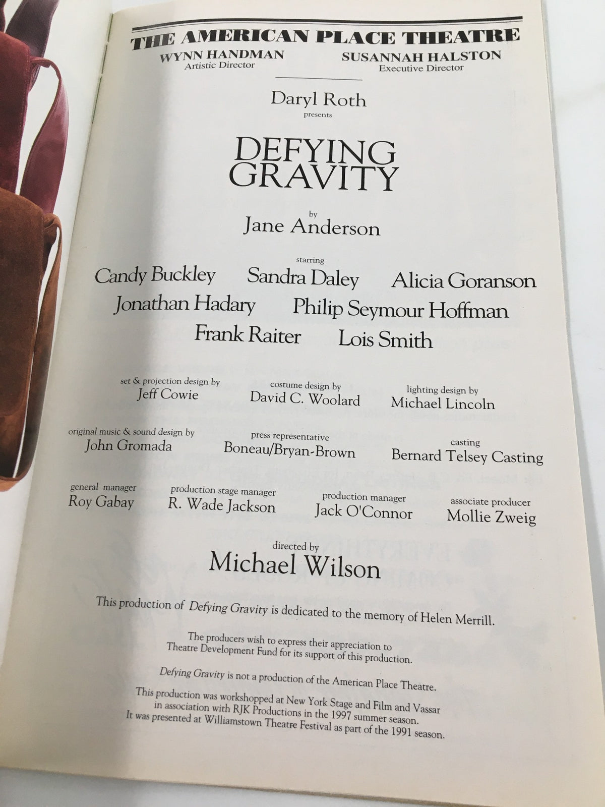 1997 Playbill The American Place Theatre production page for Defying Gravity, featuring credits and cast list.