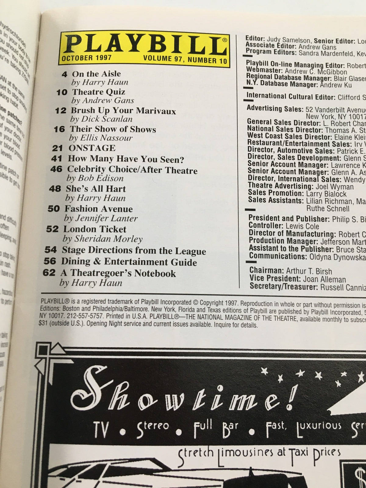 Interior page from the October 1997 Playbill for Filumena: A Marriage Italian Style, showcasing articles and features related to the theatrical production.