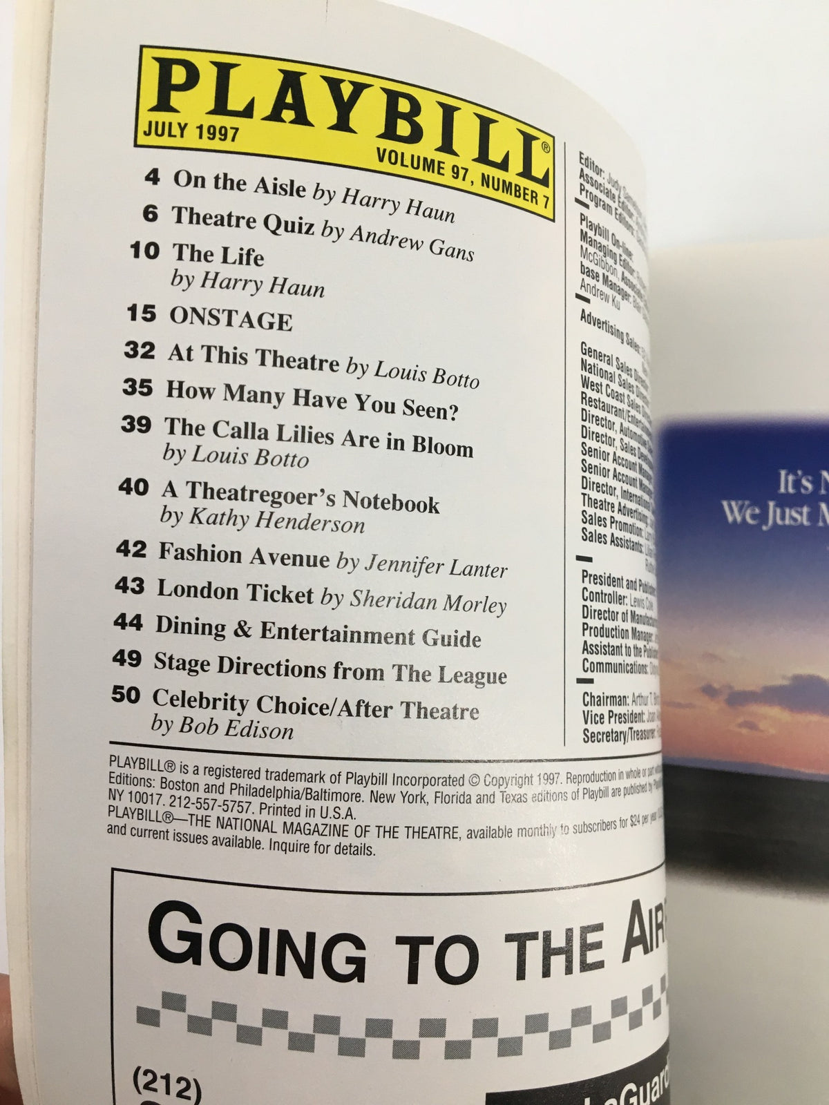 Inside view of the July 1997 Playbill showcasing various articles and features, part of the collection for the iconic Broadway show, A Funny Thing Happened On The Way To Forum.