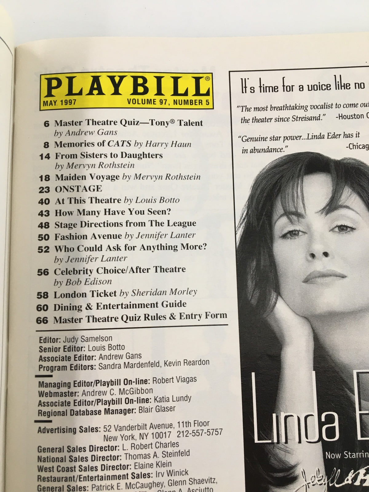 Inside page of the 1997 Playbill for Seeking the Genesis, showcasing the May 1997 issue's listings and editorial credits.