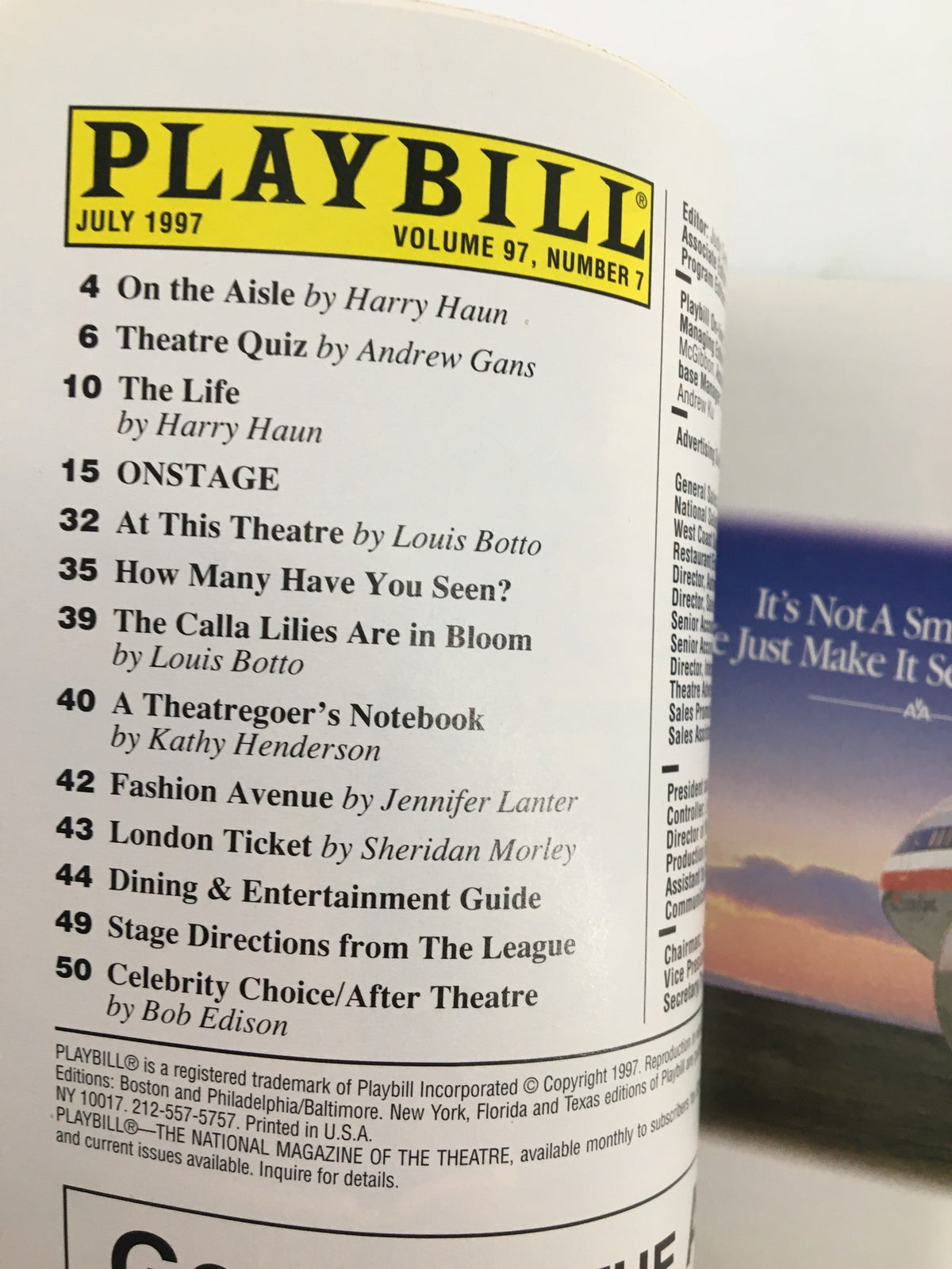 1997 Playbill from the Royale Theatre featuring the production roster and articles, including listings such as 'On the Aisle' and 'The Life' by Harry Haun, highlighting notable contributions in the July edition.