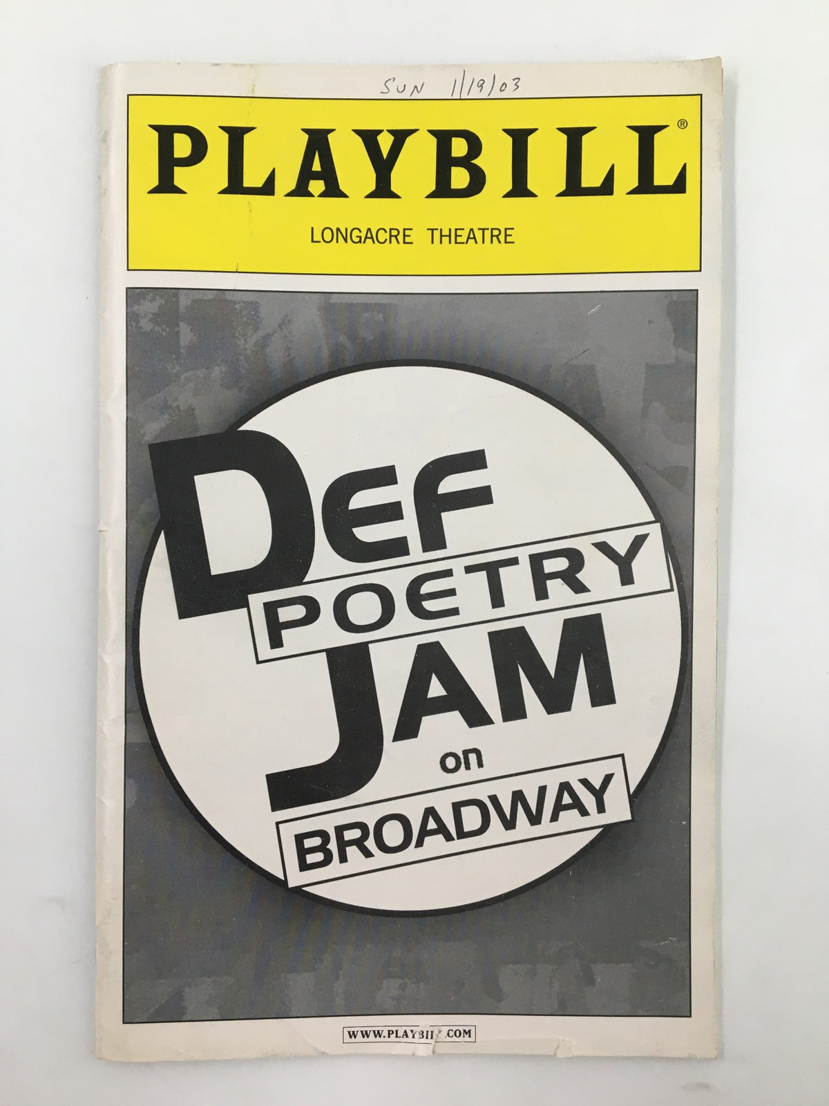 2003 Playbill from Russell Simmons Def Poetry Jam on Broadway, featuring the title prominently on the cover at Longacre Theatre.