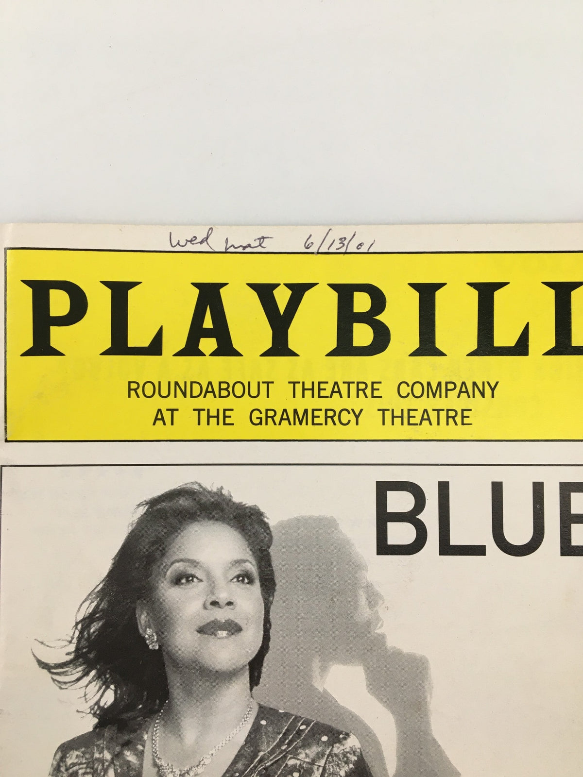 Close-up of the 2001 Playbill for Blue, highlighting Phylicia Rashad's striking image and details from the Gramercy Theatre performance.