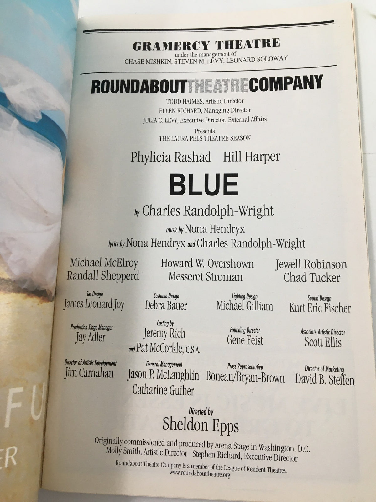 Credits page from the 2001 Playbill for Blue at the Gramercy Theatre, listing the cast and creative team, including Phylicia Rashad and Hill Harper.