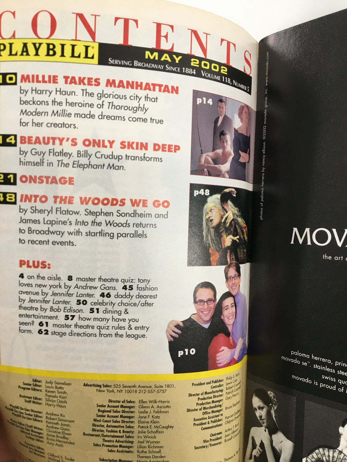 Contents page of the May 2002 Playbill featuring various Broadway productions including 'Private Lives'.