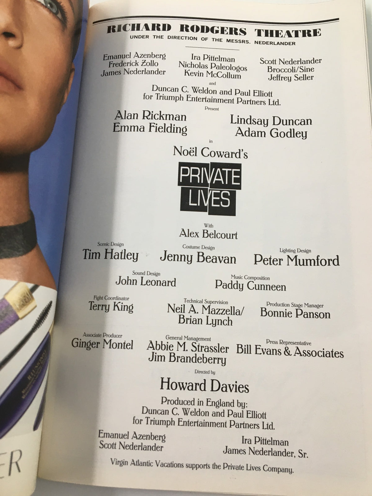 Cast and creative team listing for 'Private Lives' in the 2002 Playbill from Richard Rodgers Theatre.