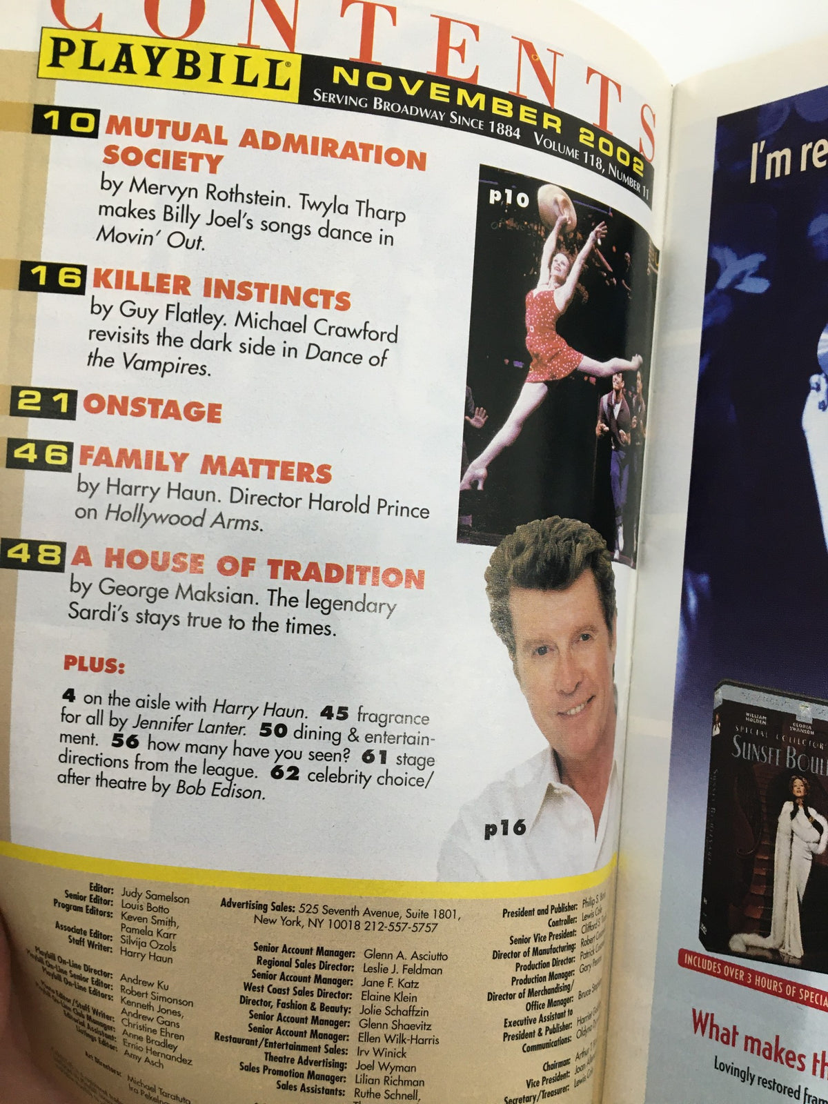 Inside page of the 2002 Playbill from the Atlantic Theater Company, showcasing the contents and articles listed for November 2002, related to Glenn Fitzgerald in Blue / Orange.