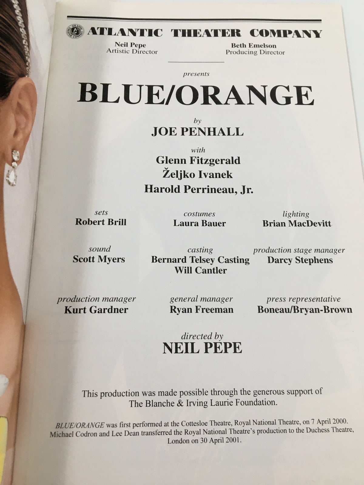 Another page from the 2002 Playbill from the Atlantic Theater Company, detailing the production of Blue / Orange, featuring Glenn Fitzgerald and key cast credits.