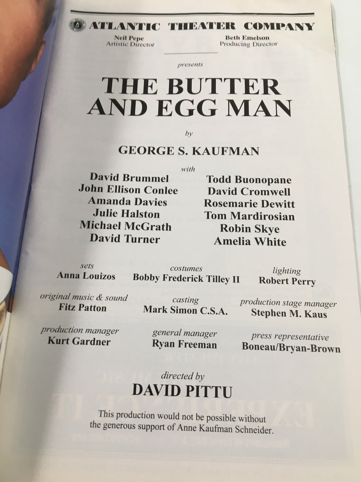 Cast and production details page of the 2002 Playbill for The Butter and Egg Man, showcasing David Brummel and team members with director David Pittu.