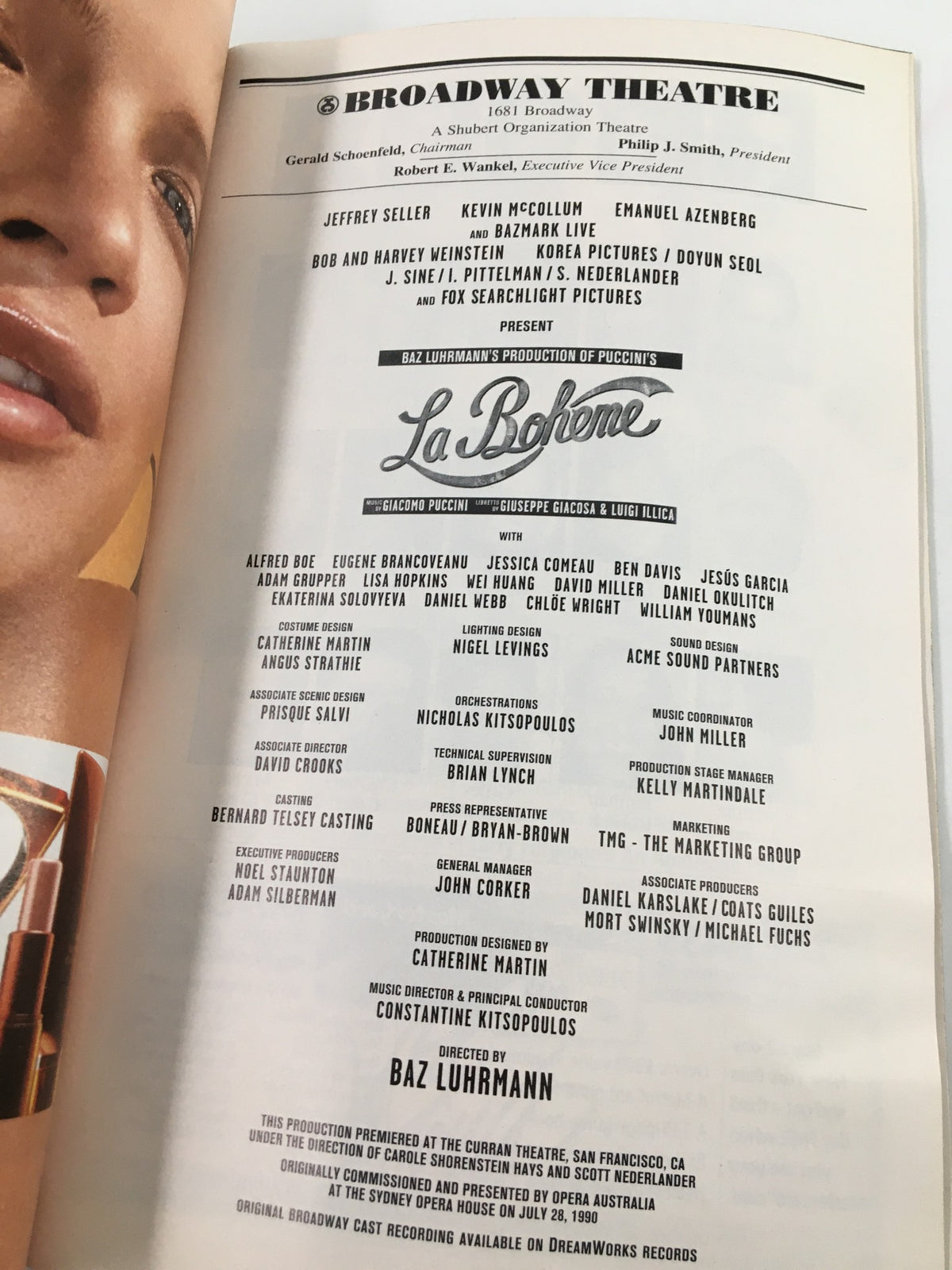 2003 Playbill for La Bohème displaying the cast and production team, directed by Baz Luhrmann, with Puccini's opera details.