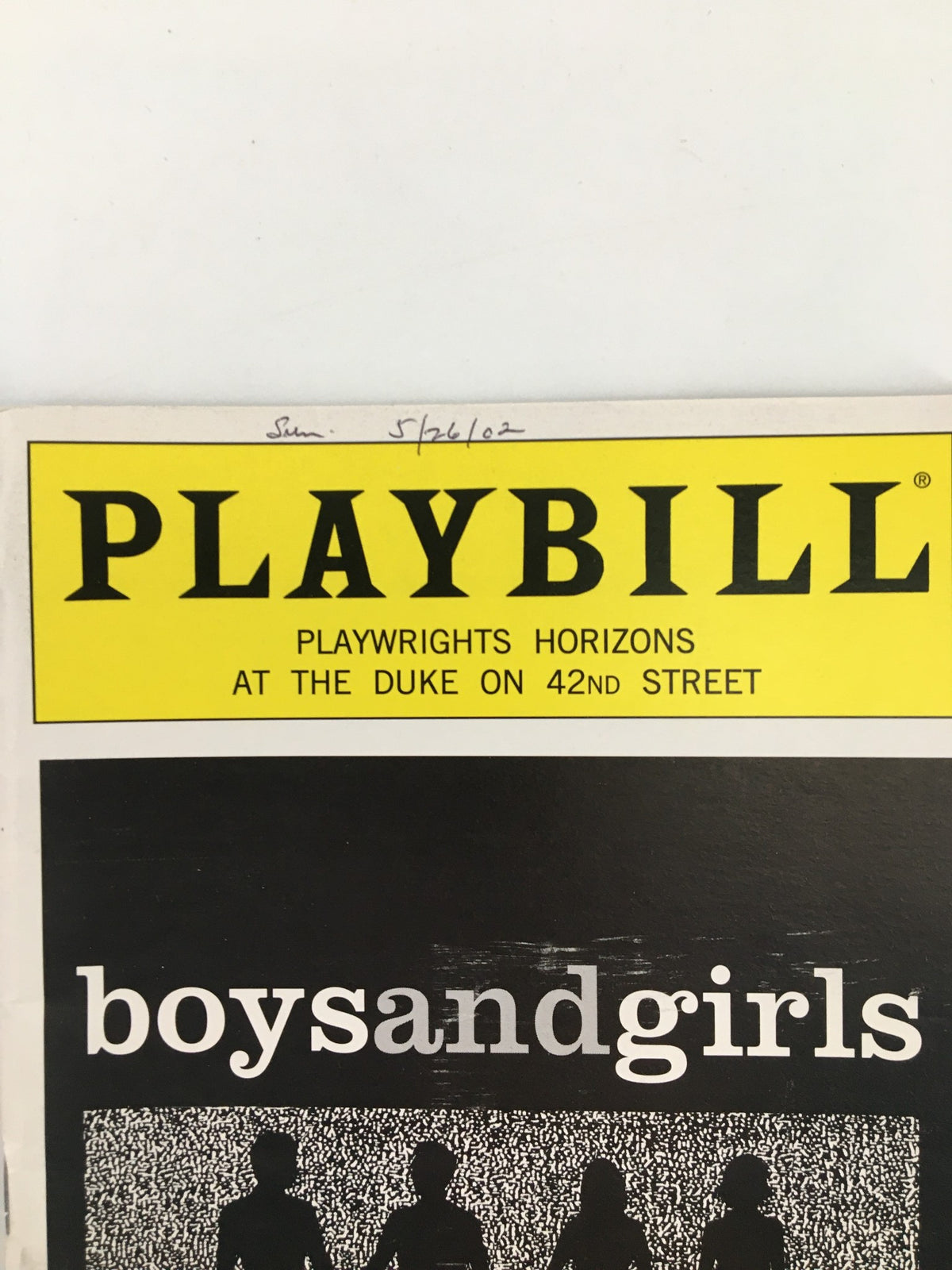 Close-up of the 2002 Playbill for Playwright Horizons Boys and Girls, highlighting the title and date handwritten at the top.