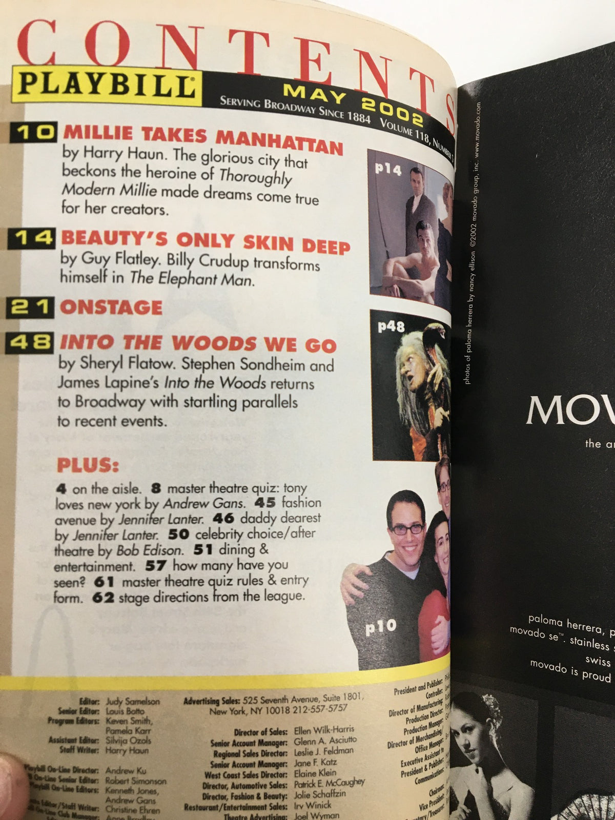2002 Playbill Playwright Horizons Nadia Dajani in Boys and Girls, featuring content from May 2002, including articles and a master theater quiz.