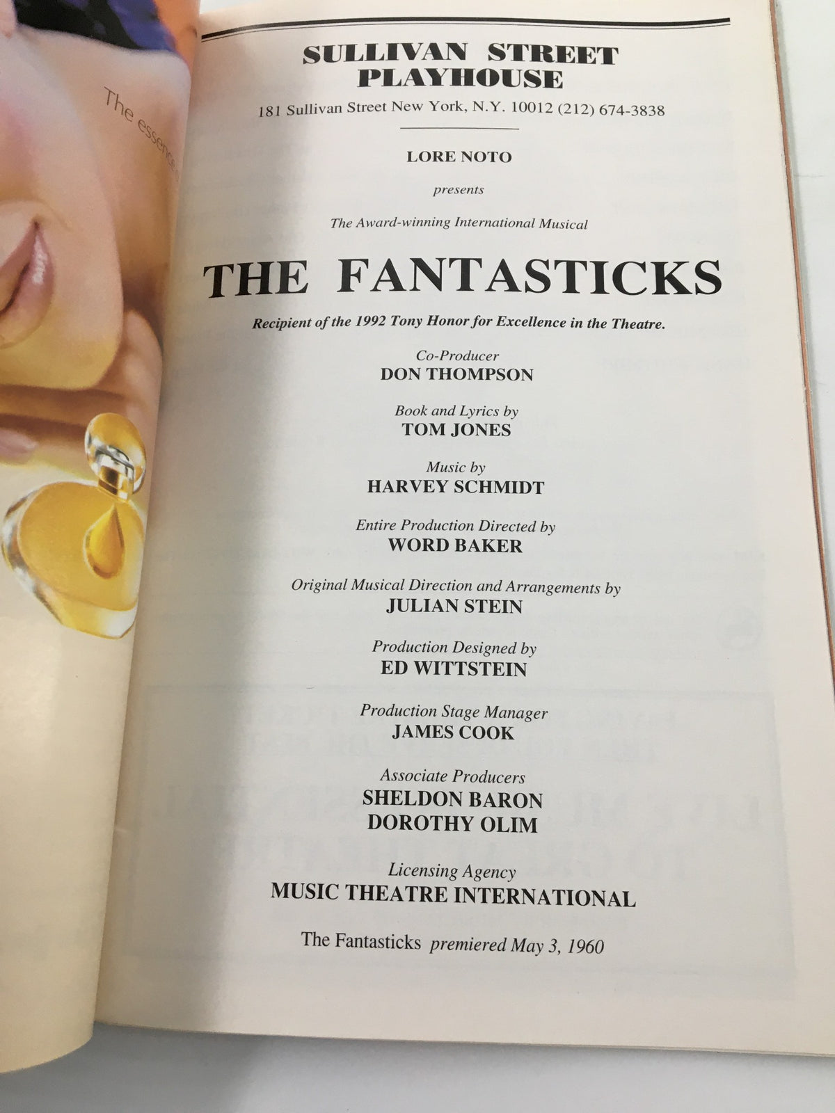 Production details page of the 2001 Playbill for Lore Noto Presents The Fantasticks, showcasing the musical's creators and production information.