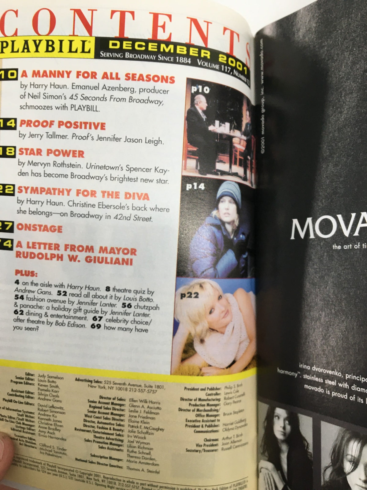 Inside page of the December 2001 Playbill featuring contents including 'A Manny for All Seasons' and other productions.