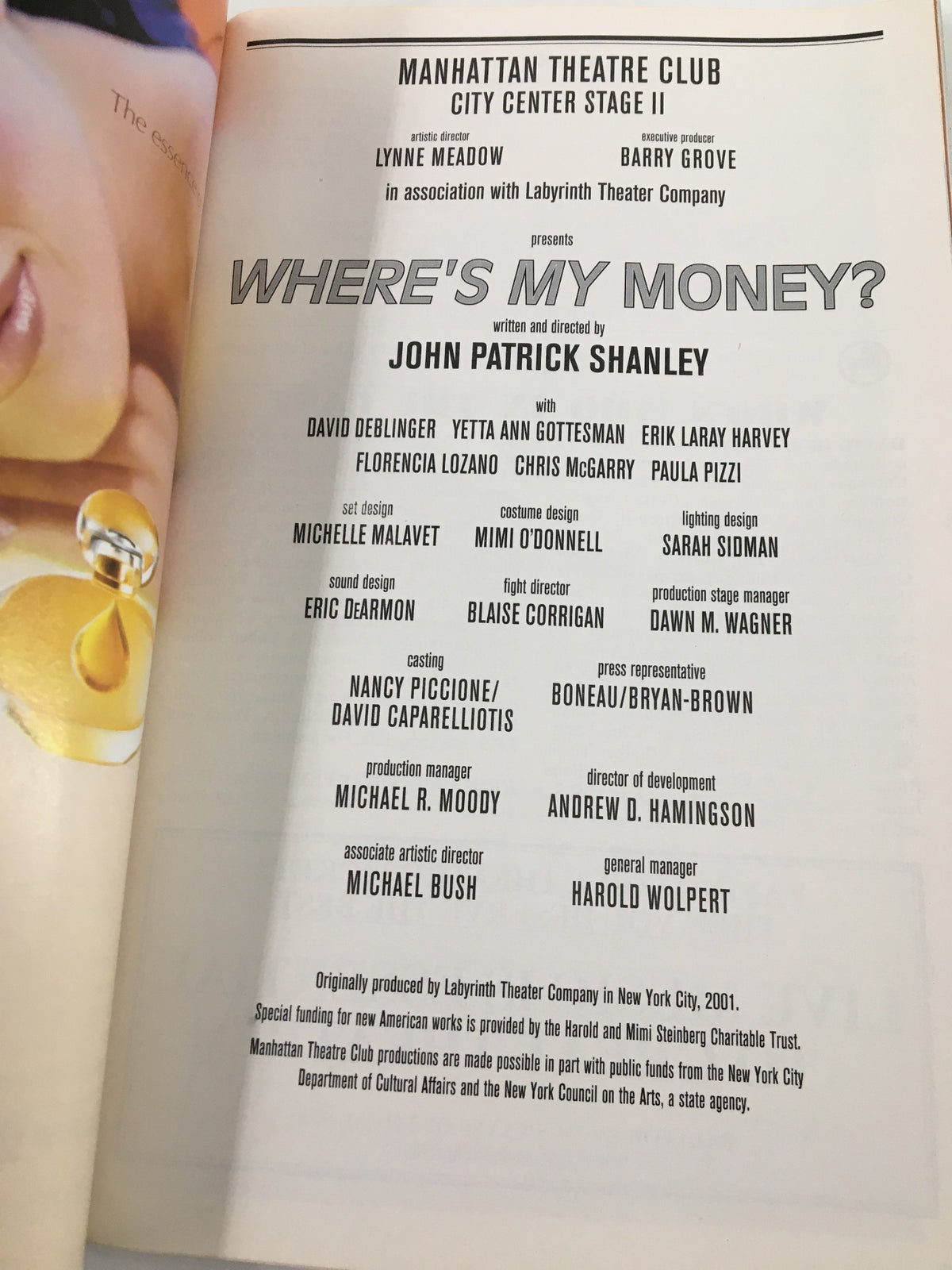 Page from the 2001 Playbill for 'Where's My Money?' detailing the cast and creative team at Manhattan Theatre Club.